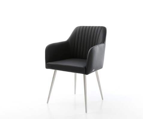 Chaise-de-salle-à-manger Greg-Flex cuir de vache noir 4 pieds coniques acier inoxydable brossé ressorts ensachés