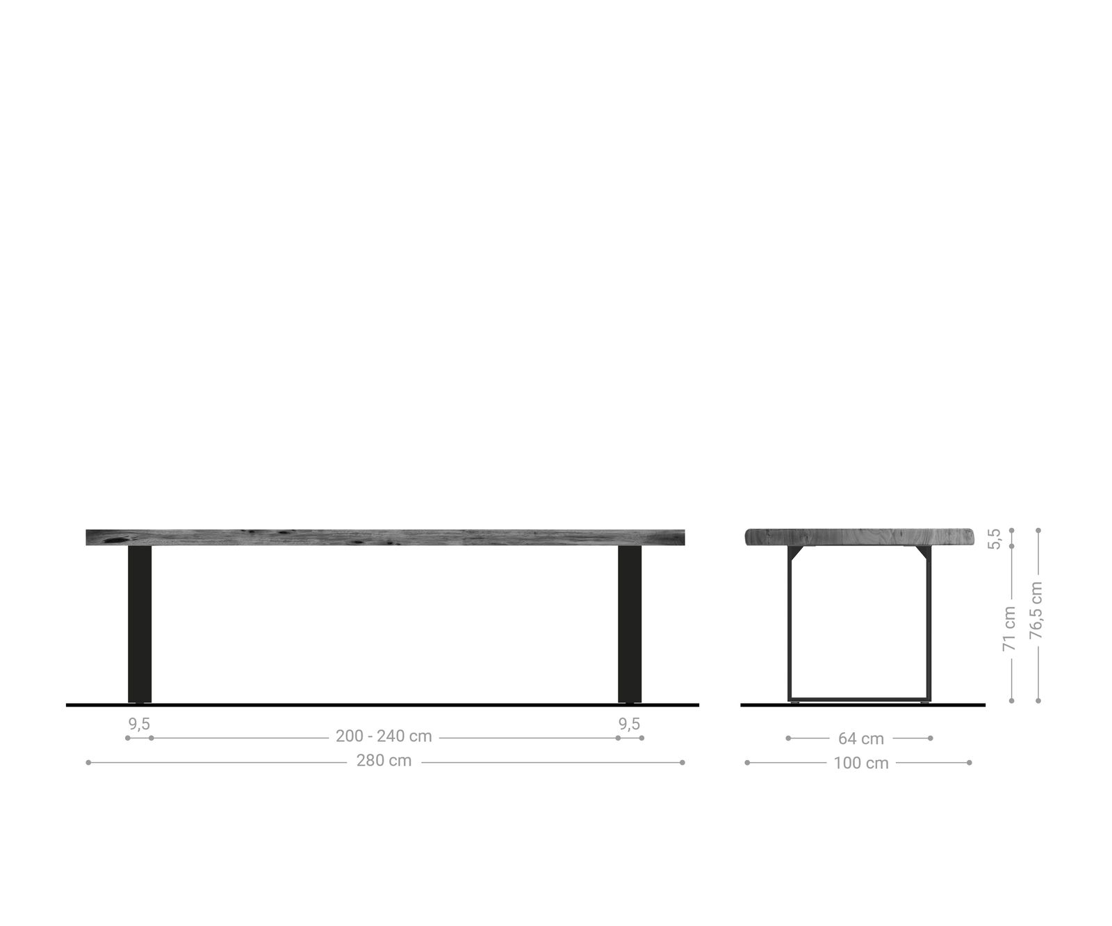 Table-à-manger Edge 280x100cm XL acacia nature acier inoxydable mince Live-Edge 6