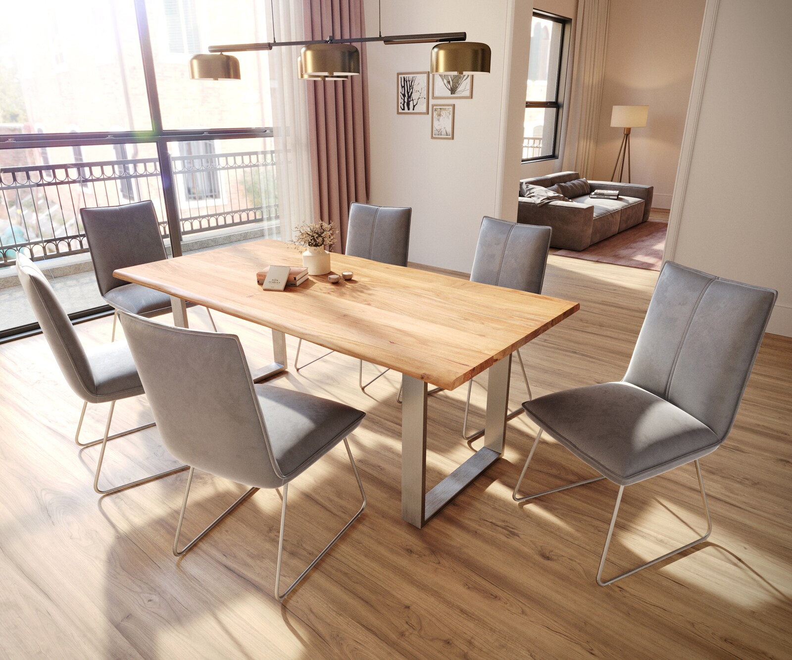 Chaise-de-salle-à-manger Lelio-Flex velours gris pied trapèze acier inoxydable brossé ressorts ensachés 4