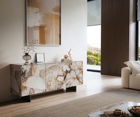 Buffet Cuor 180 cm Céramique Patagonia raffinée 2 Portes 3 Tiroirs Pied optique flottant Métal Noir