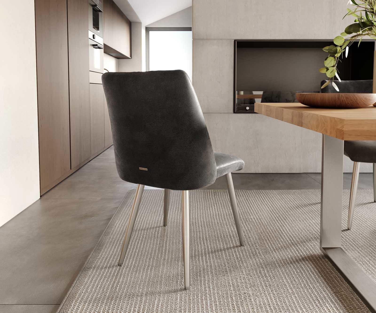 Chaise-de-salle-à-manger Elso-Flex microvelours anthracite vintage 4 pieds coniques acier inoxydable brossé ressorts ensachés 3 Chaise-de-salle-à-manger Elso-Flex microvelours anthracite vintage 4 pieds coniques acier inoxydable brossé ressorts ensachés 3