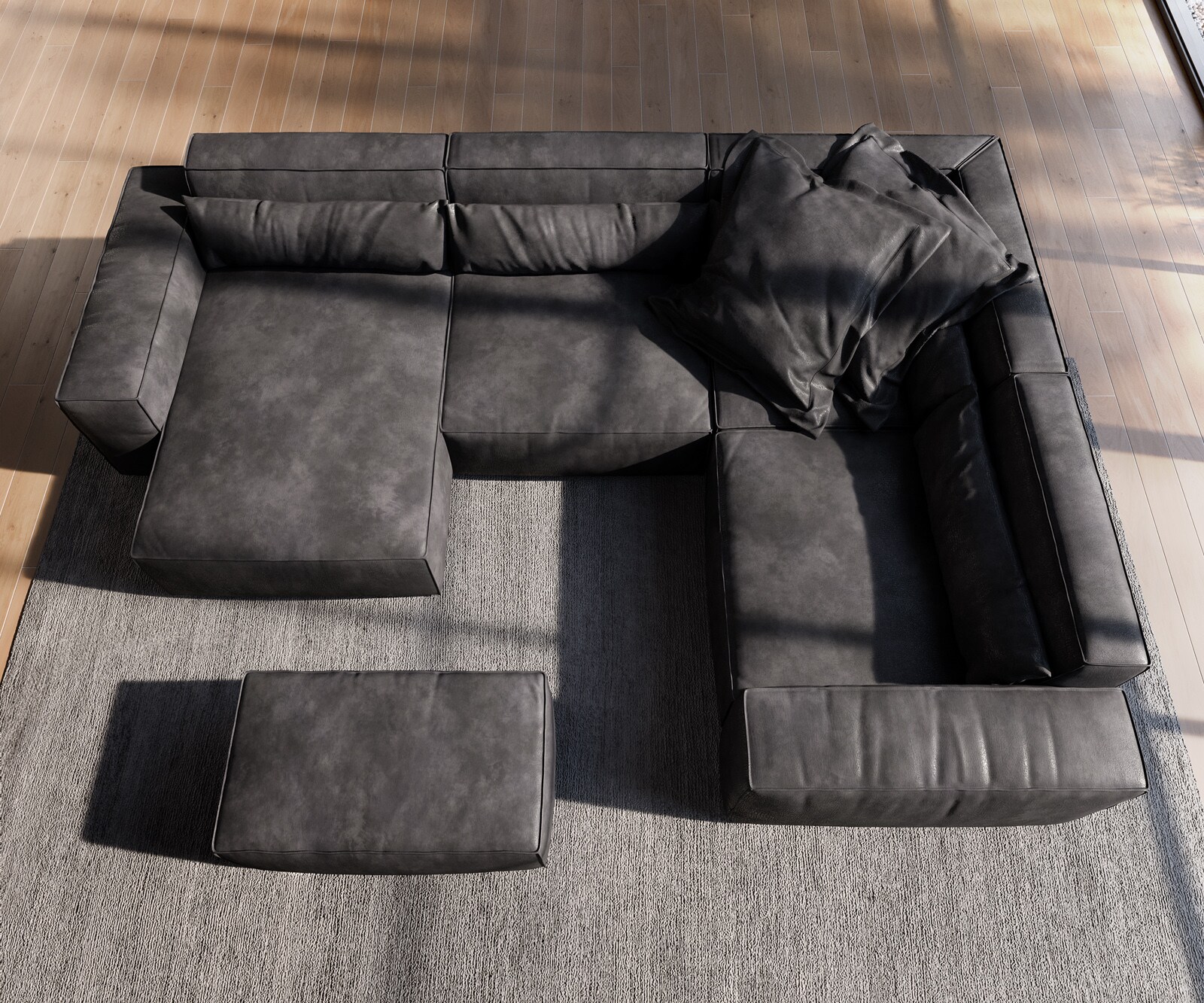 Canapé panoramique Sirpio 300x210 cm Cuir synthétique Vintage Anthracite Recamiere variable avec Tabouret 3