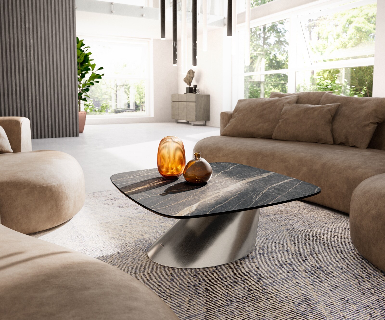 Table basse Edge Boot 90x90 cm céramique Laminam® Noir Desir brun Conis acier inoxydable brossé 1
