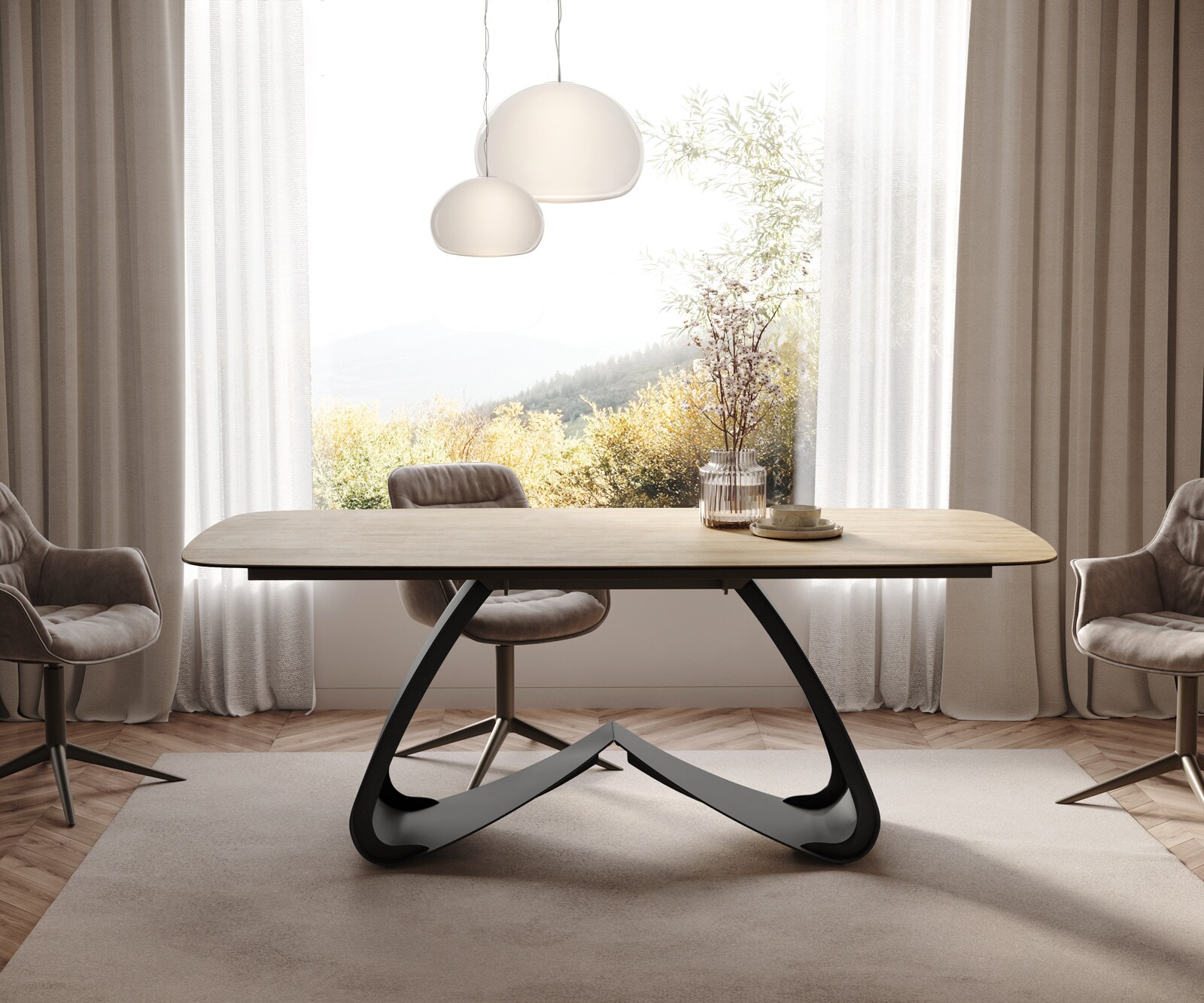 Table à manger Edge Boot 200x100 céramique Laminam® Sabbia chêne coloré cadre en W métal noir 2