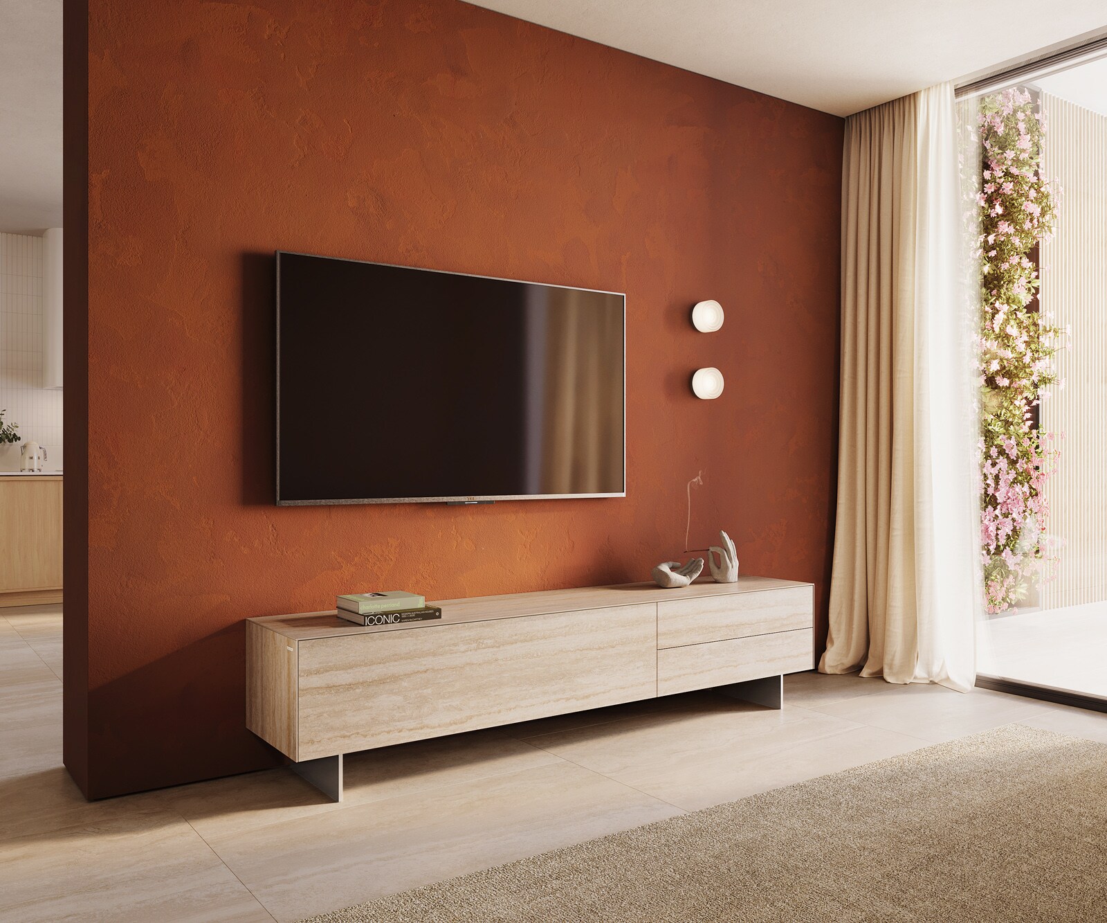 Meuble-TV Cuor 220 cm Céramique Laminam® Travertino Bianco Crème-blanc 1 Clapet 2 Tiroirs Pied optique flottant Ancier inoxydable 1