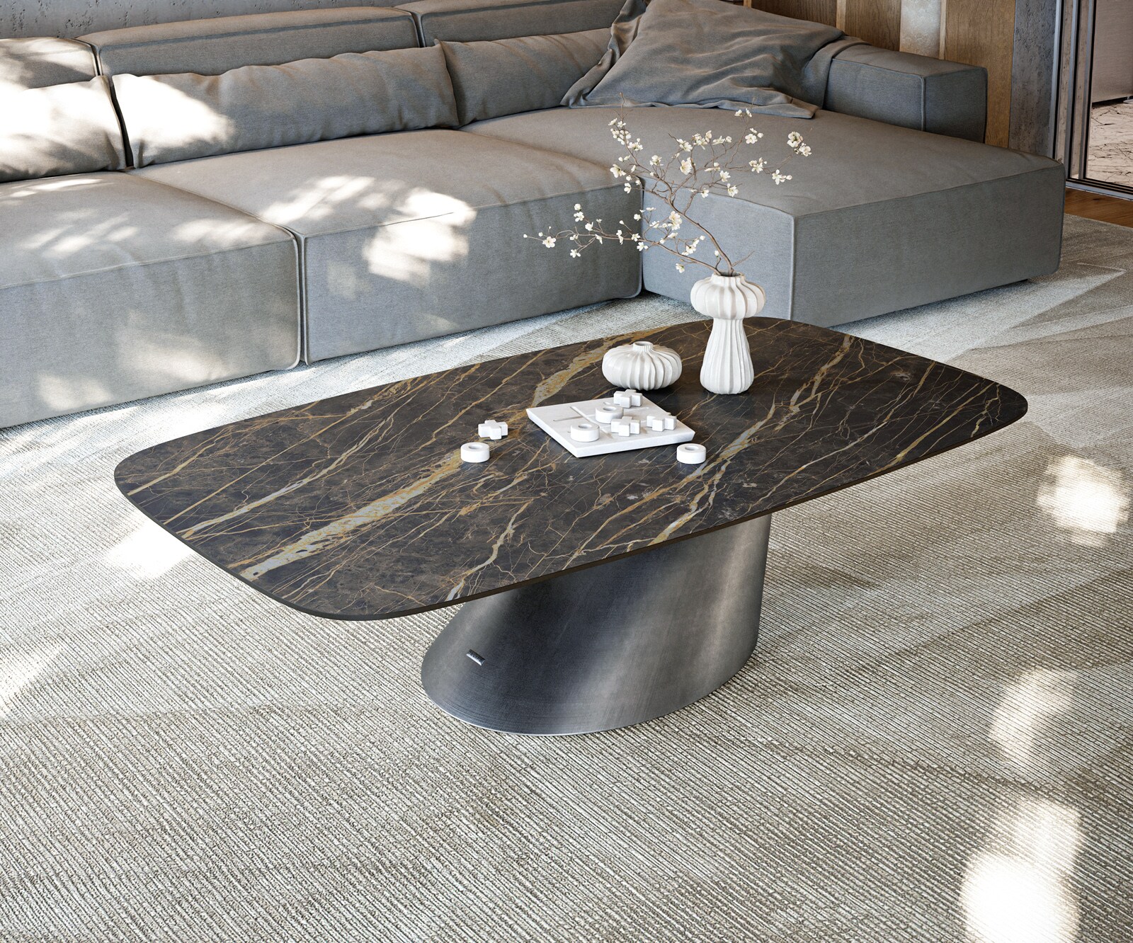 Table basse Edge Boot 140x80 cm céramique Laminam® Noir Desir brun Conis argent métallique 1