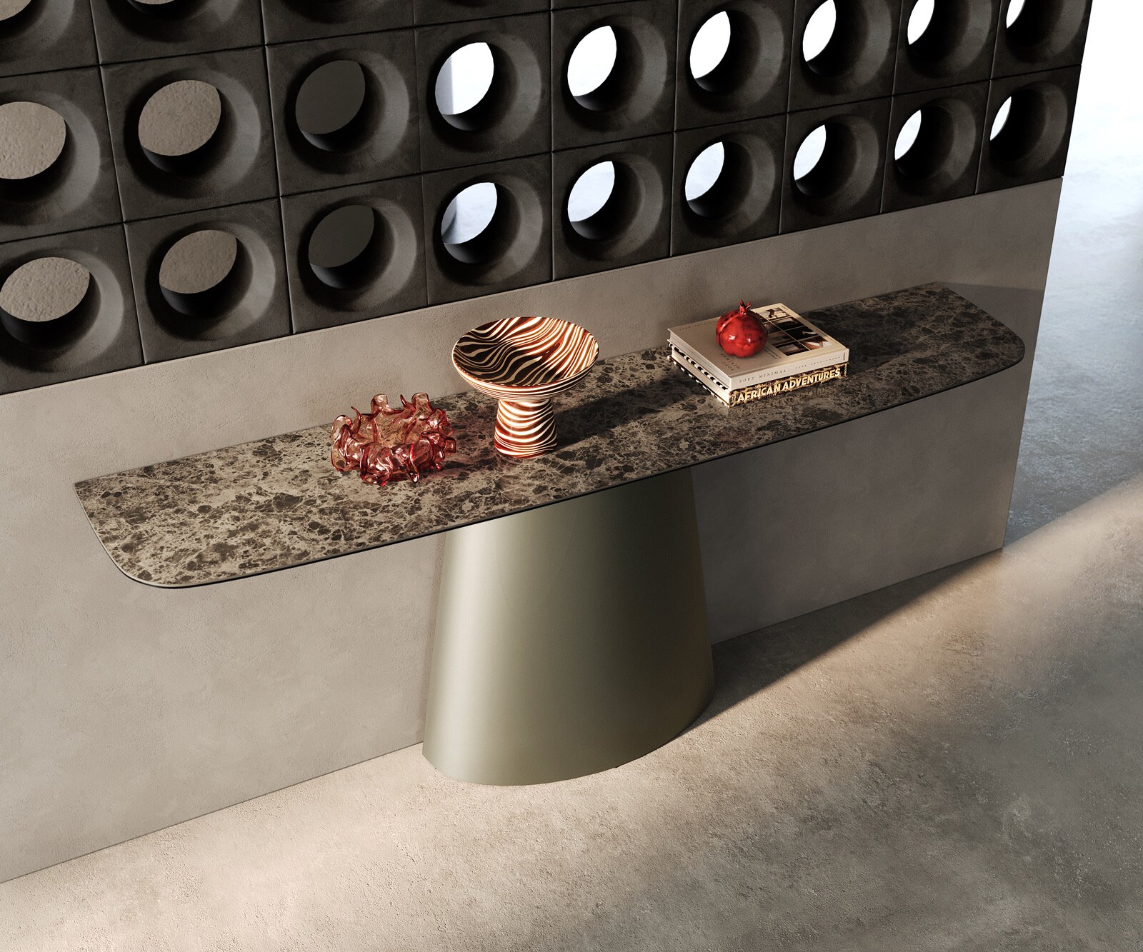 Console Edge forme bateau 180x40 cm Céramique Emperador Extra Lucidato Dunkelbraun Conos Métal Effektfinish Titan 2