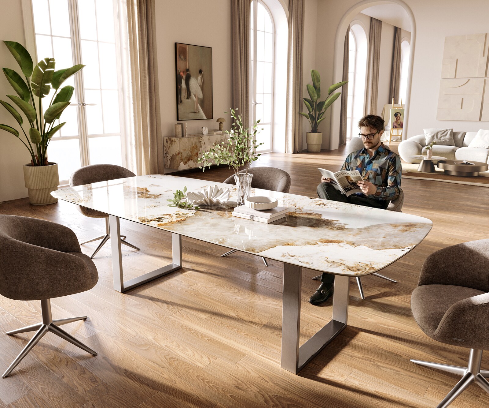 Table à manger Edge Boot 260x120 cm Céramique Minas Melange Blanc-Beige Acier inoxydable Schmal 1