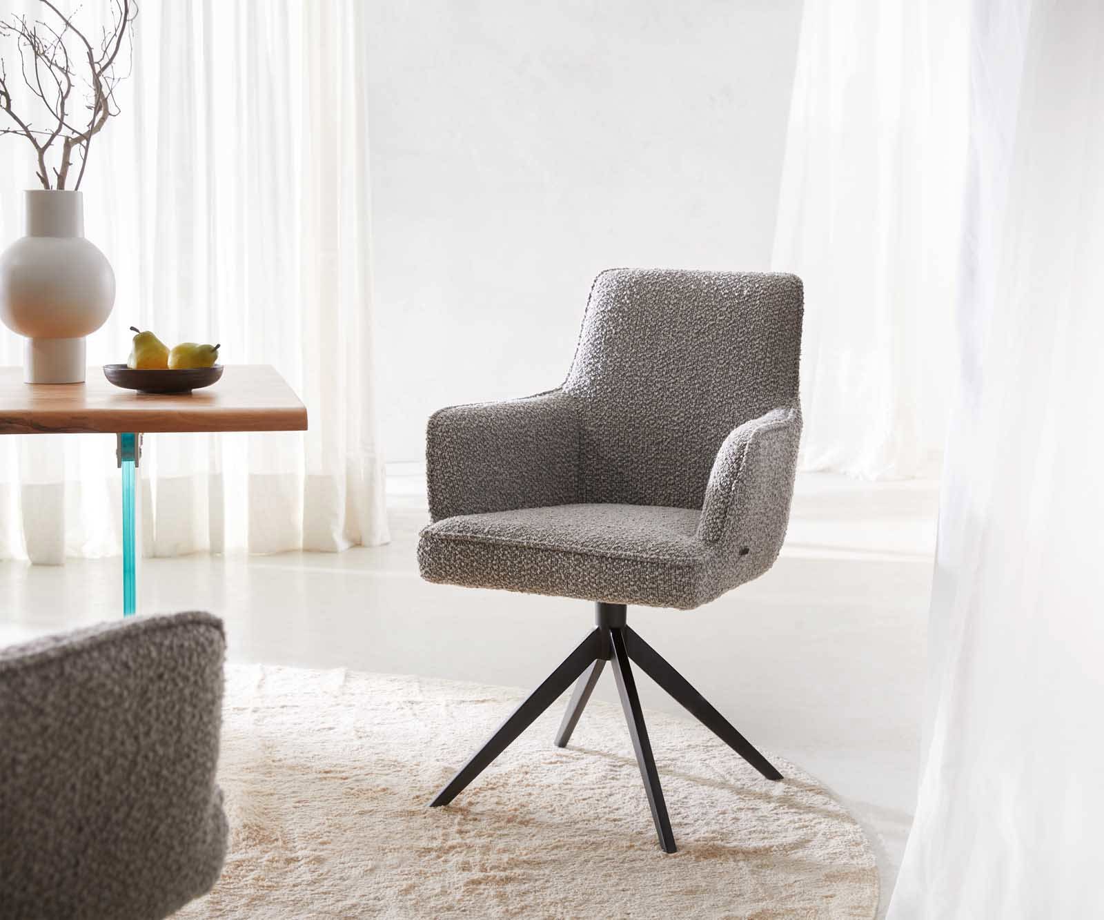 Chaise-pivotante Heira-Flex avec accoudoirs bouclé gris argenté pied croisé large noir pivotement sur 360° ressorts ensachés Chaise-pivotante Heira-Flex avec accoudoirs bouclé gris argenté pied croisé large noir pivotement sur 360° ressorts ensachés