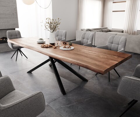 Table à manger Edge 300x100 XL acacia marron cadre croisé rectangle noir Live-Edge