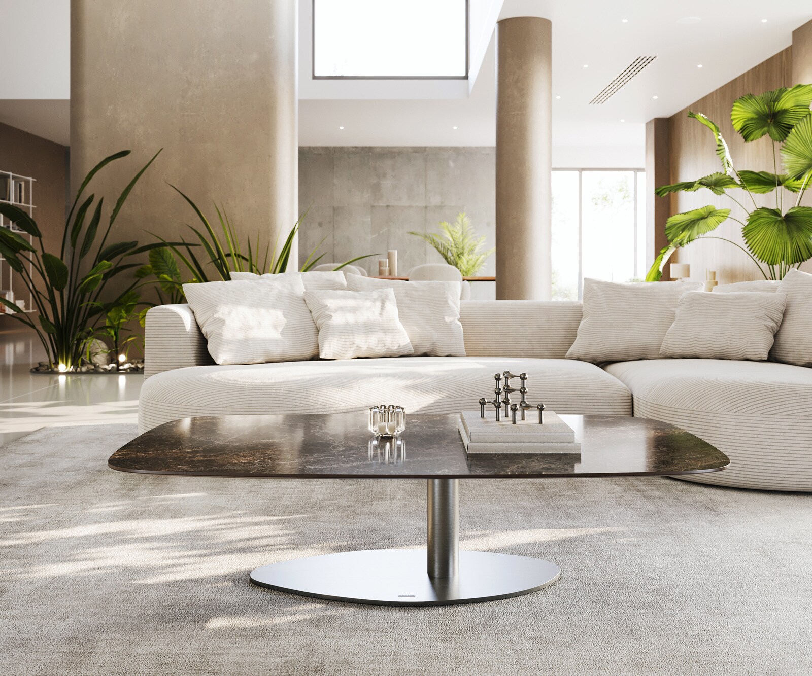 Table basse Edge bateau 140x80 cm céramique Emperador Extra Lucidato brun foncé Vibany acier inoxydable brossé 1