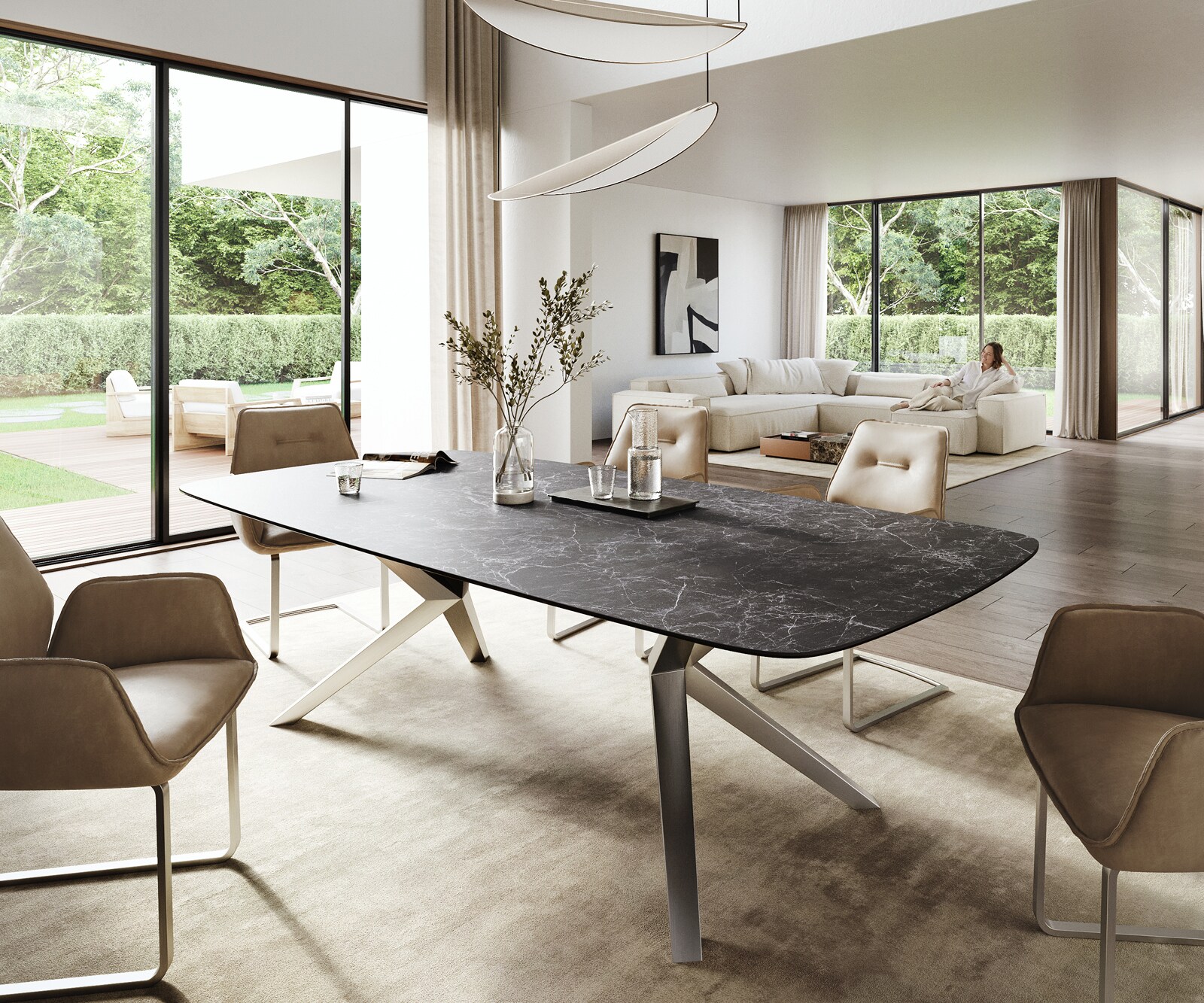 Table à manger Edge Boot 260x120 cm Céramique Laminam® Nero Greco Anthracite Zenthara anguleux Acier inoxydable 1