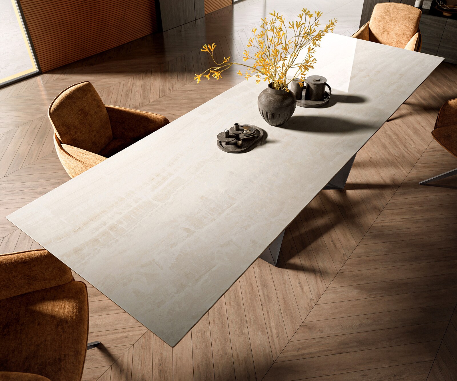Table à manger Edge 300x100 cm céramique Onyx Champagne Spider acier plat inox graphite 4