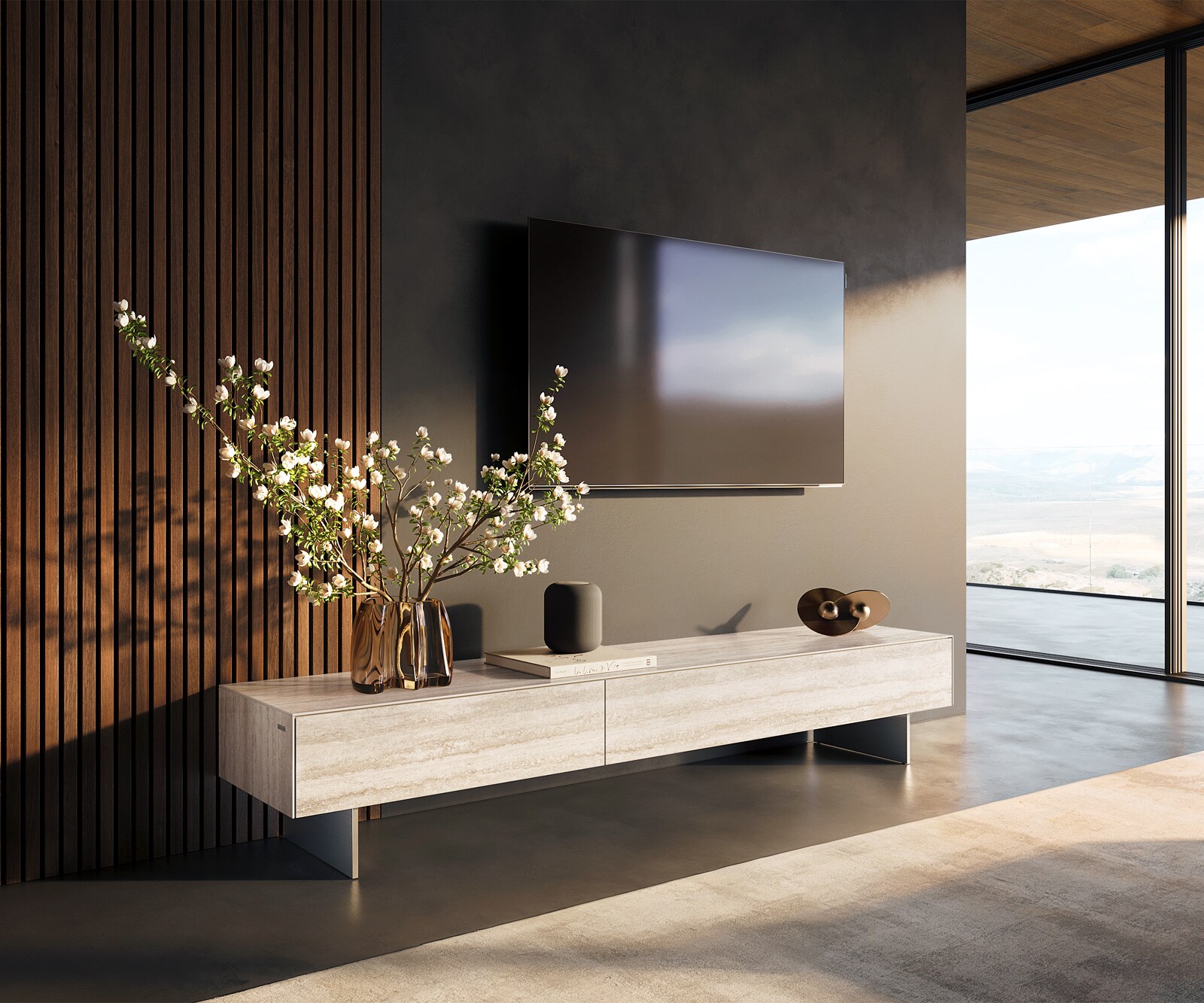 Meuble-TV Cuor 200 cm Céramique Laminam® Travertino Bianco Crème-blanc 1 Clapet 1 Tiroir Pied optique flottant Ancier inoxydable
