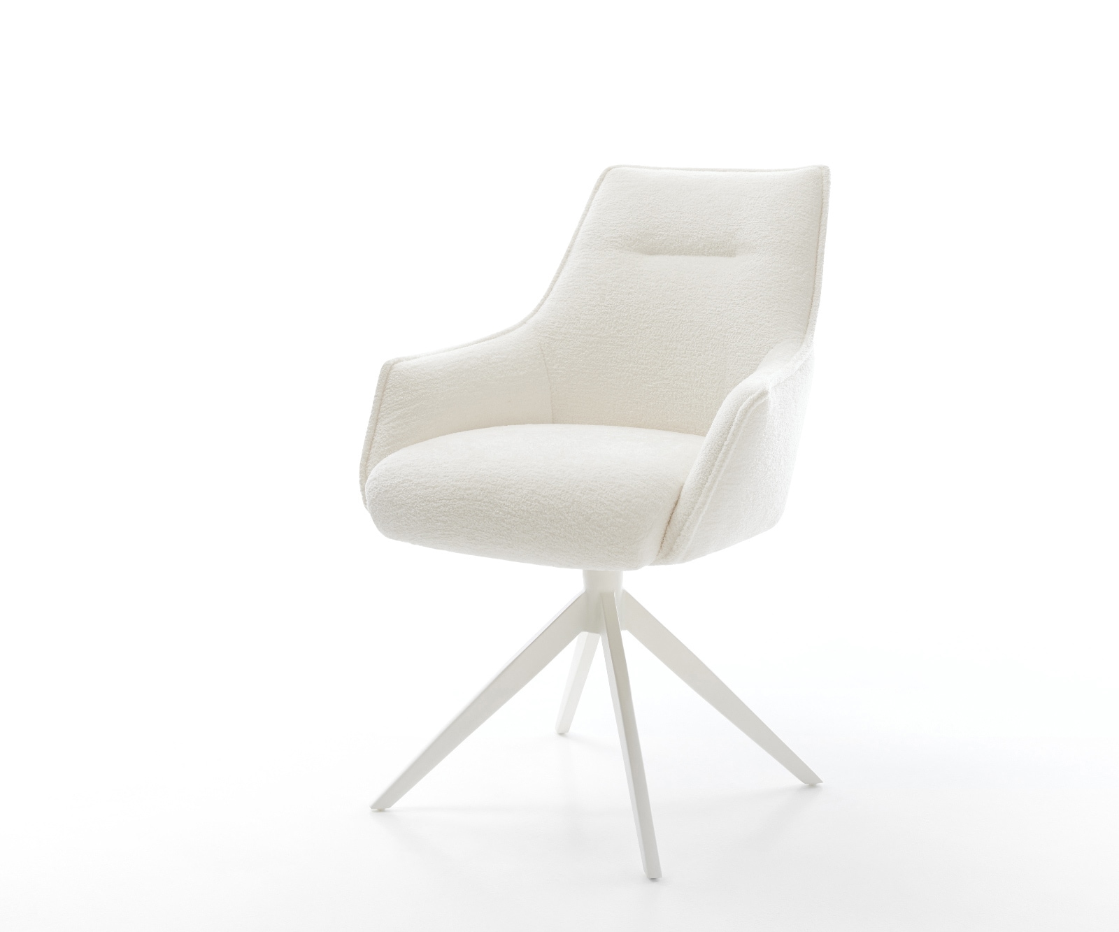 Chaise-pivotante Alja-Flex avec accoudoirs bouclé doux beige pied croisé large blanc pivotement sur 360° fonction bascule resorts ensachés