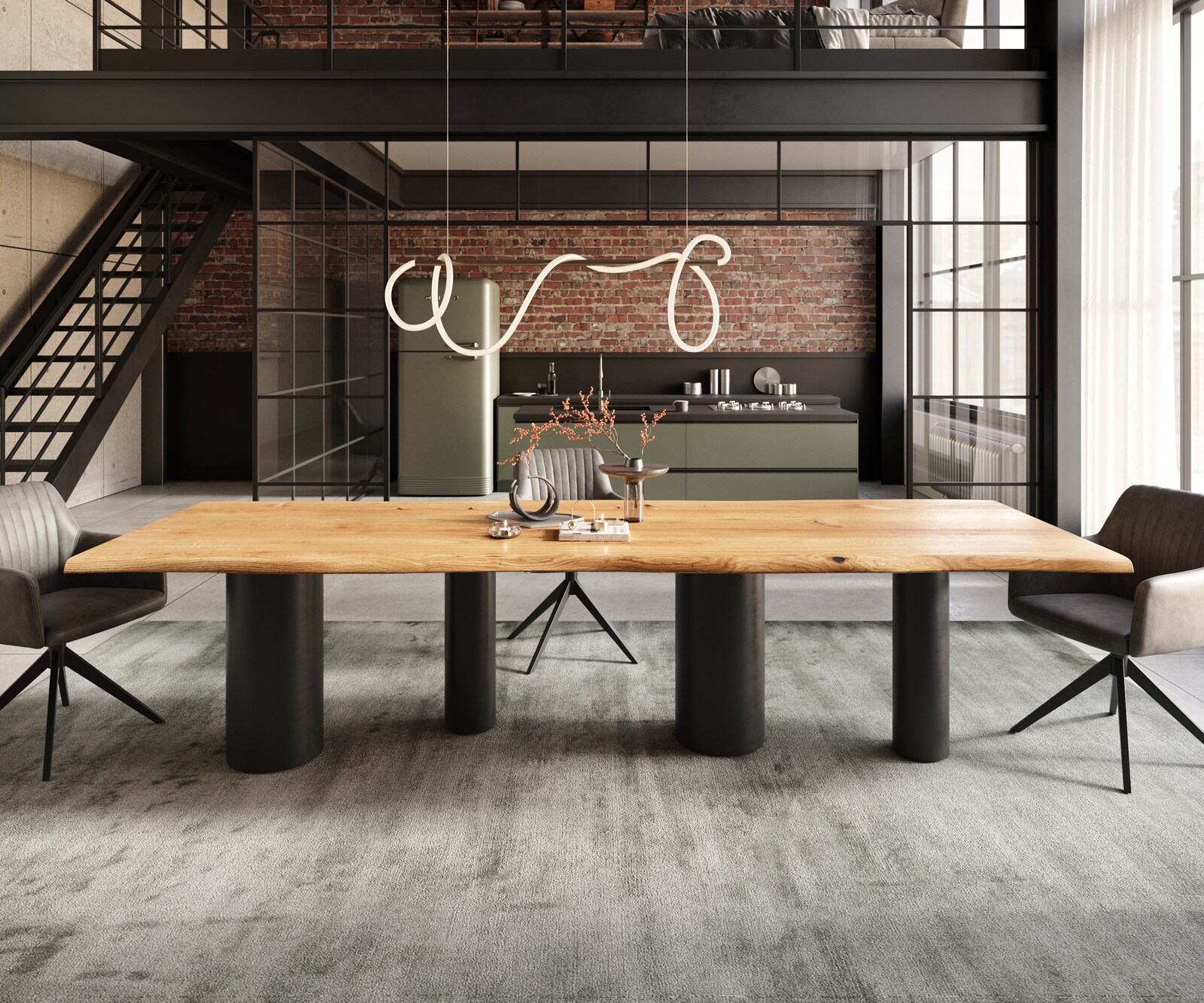 Table à manger Edge 300x100x4 chêne naturee Pilier métal noir Live-Edge 2