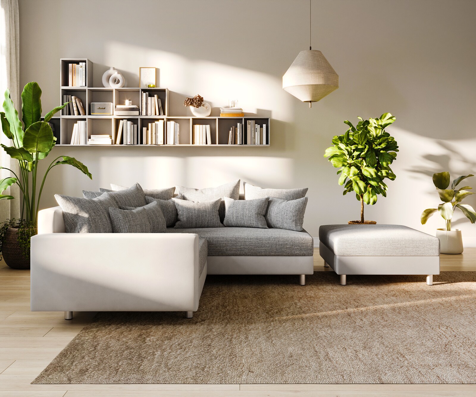 Canapé-d'angle Clovis Blanc Gris clair Tabouret modulaire Accoudoir Pouf Droit 3