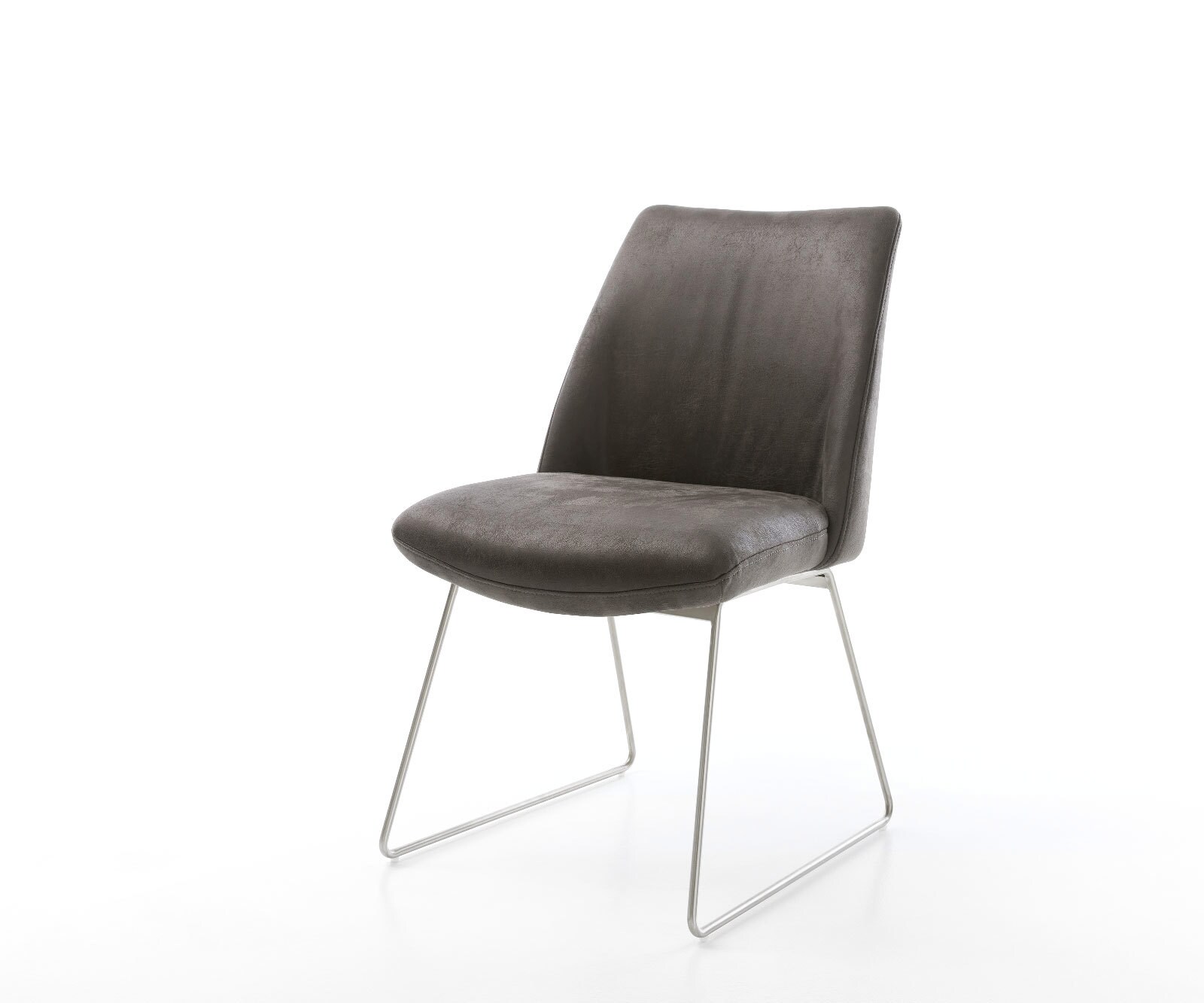 Chaise-de-salle-à-manger Elso-Flex microvelours anthracite vintage pied trapèze acier inoxydable brossé ressorts ensachés