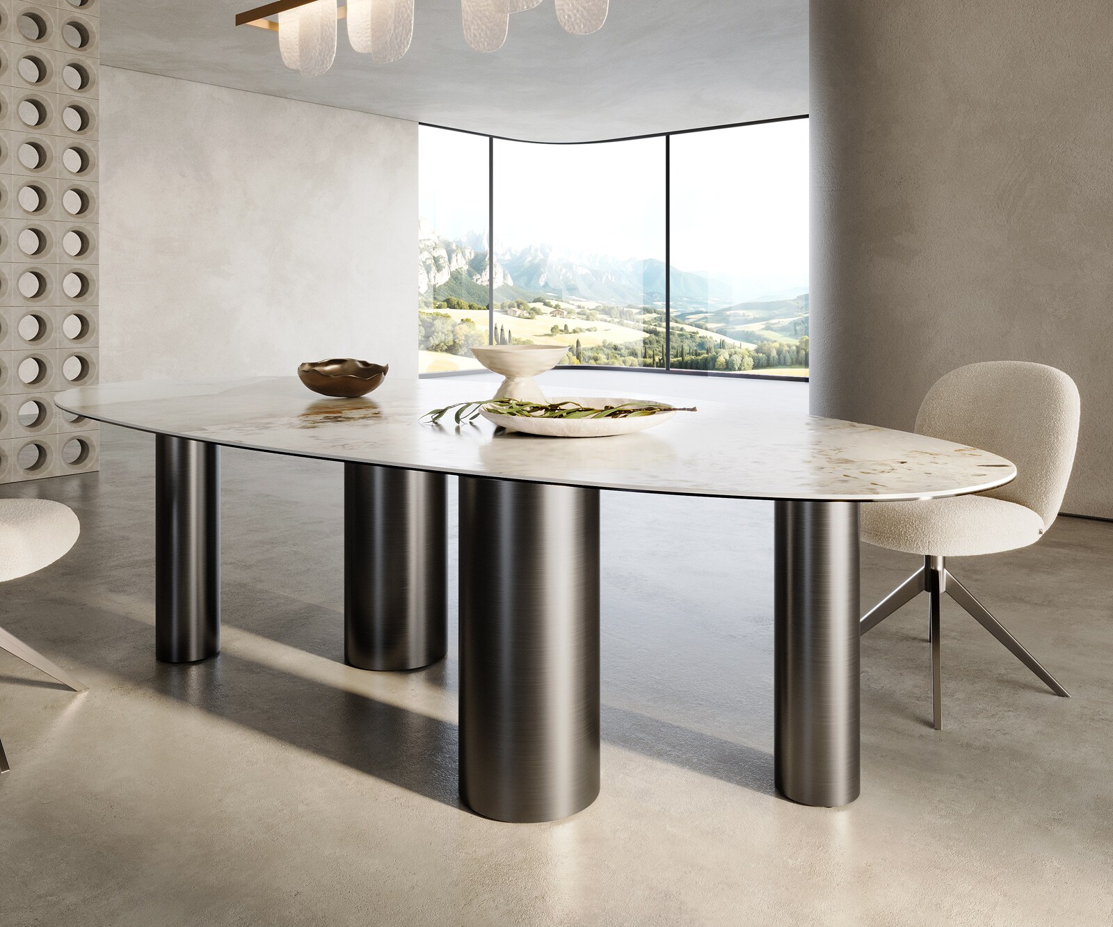 Table à manger Edge Ovale 280x130 Céramique Minas Melange Blanc-Beige Pilier Acier inoxydable Graphite 6