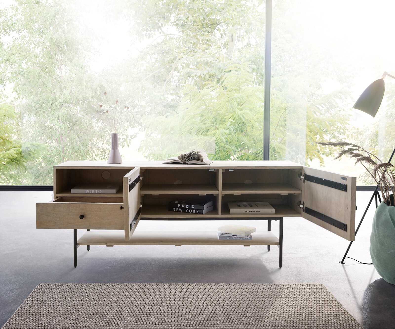 Meuble-TV Nessa 160x40 cm Manguier White Wash Métal Noir 1 tiroir 2 portes 4