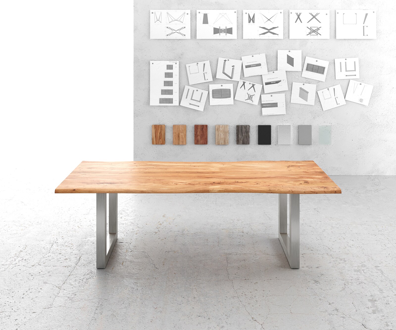 Table-à-manger Edge 240x100cm acacia nature acier inoxydable large Live-Edge 1