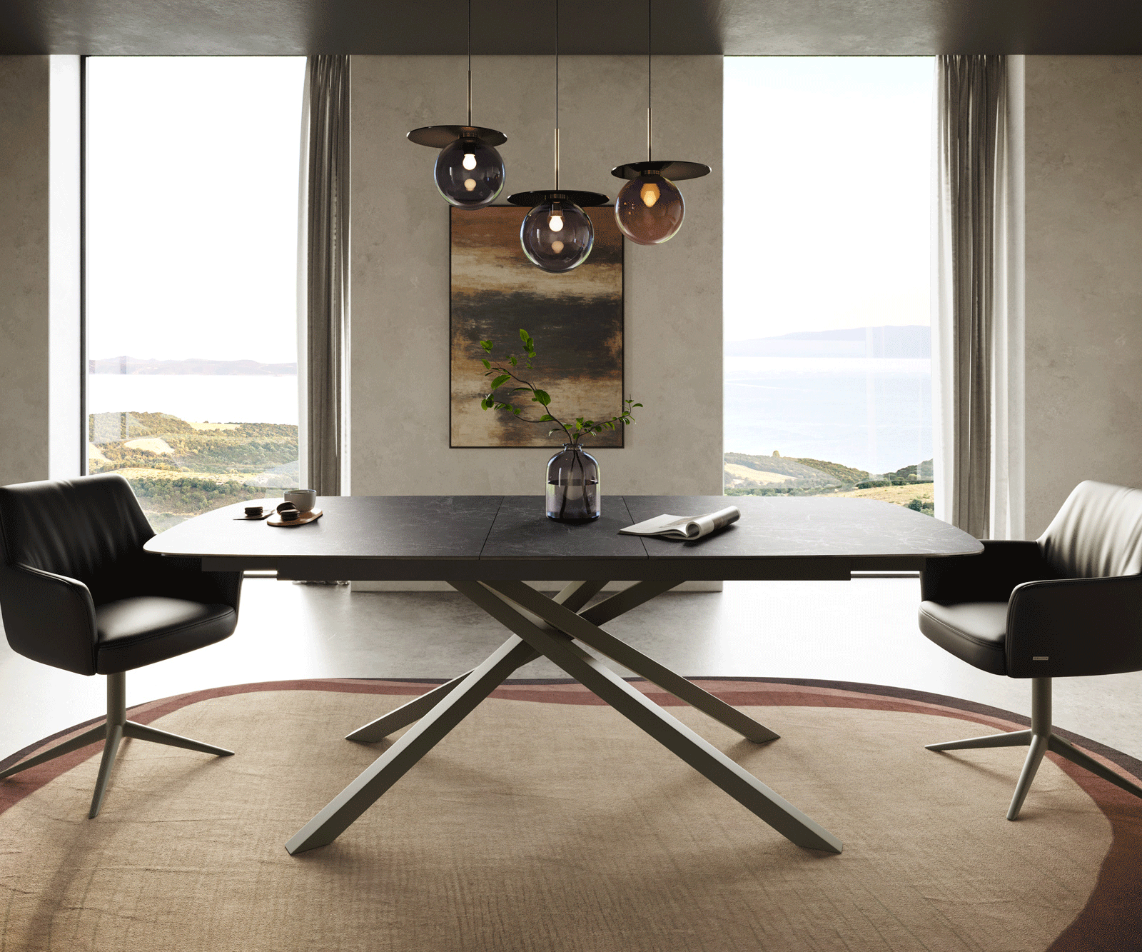Table à manger Edge Boot 180-220x100 cm Céramique Laminam® Nero Greco Anthracite piètement en croix Rectangle Finition effet Titan extensible 2