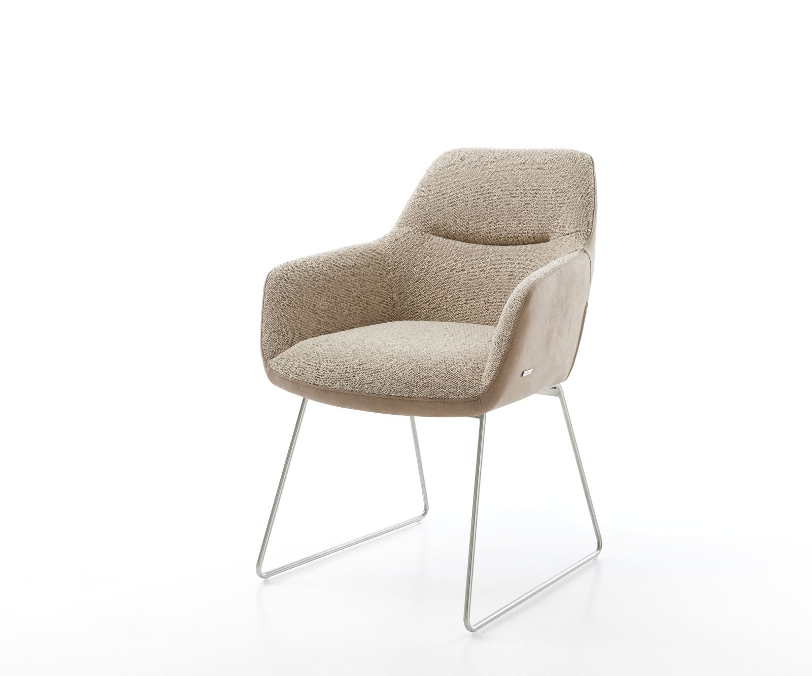 Chaise-de-salle-à-manger Pejo-Flex tissu mixte couleur boue pied trapèze acier inoxydable brossé ressorts ensachés Chaise-de-salle-à-manger Pejo-Flex tissu mixte couleur boue pied trapèze acier inoxydable brossé ressorts ensachés
