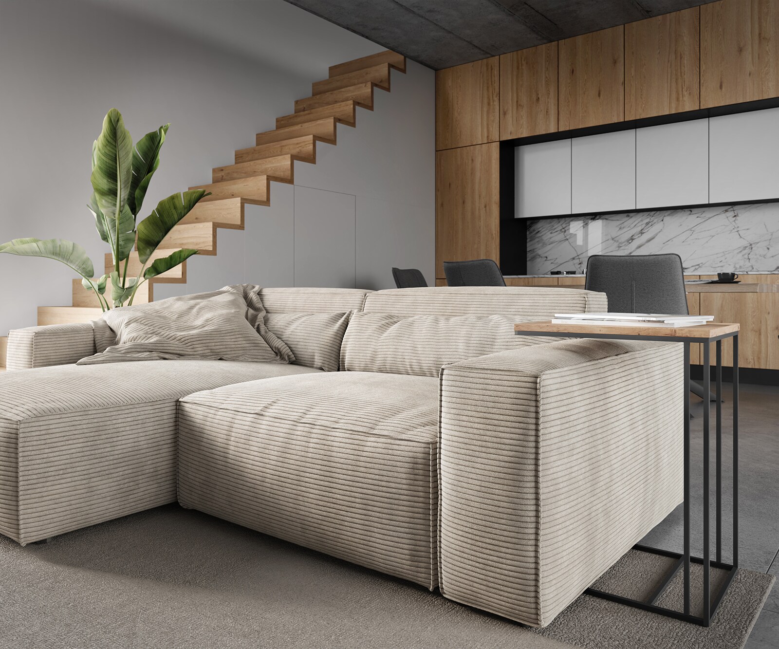 Canapé d'angle Sirpio 230x150 cm Velours côtelé Beige Recamiere variable avec Tabouret 4