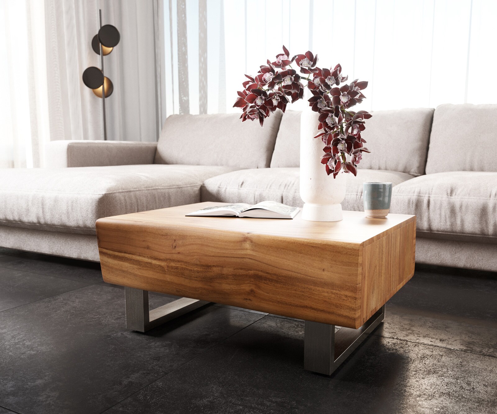 Table-basse New Live-Edge 80x60 cm acacia naturel 2 tiroirs patin inoxydable brossé 3