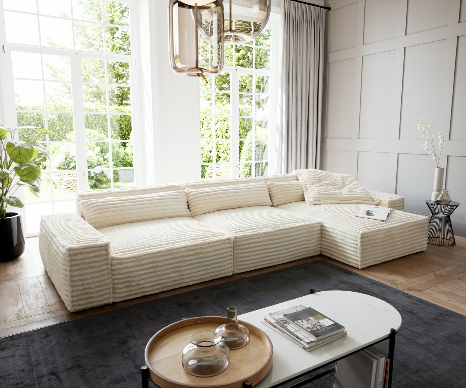 Canapé d'angle Sirpio XL 370x170 cm velours côtelé Beige Recamière variable Canapé d'angle Sirpio XL 370x170 cm velours côtelé Beige Recamière variable