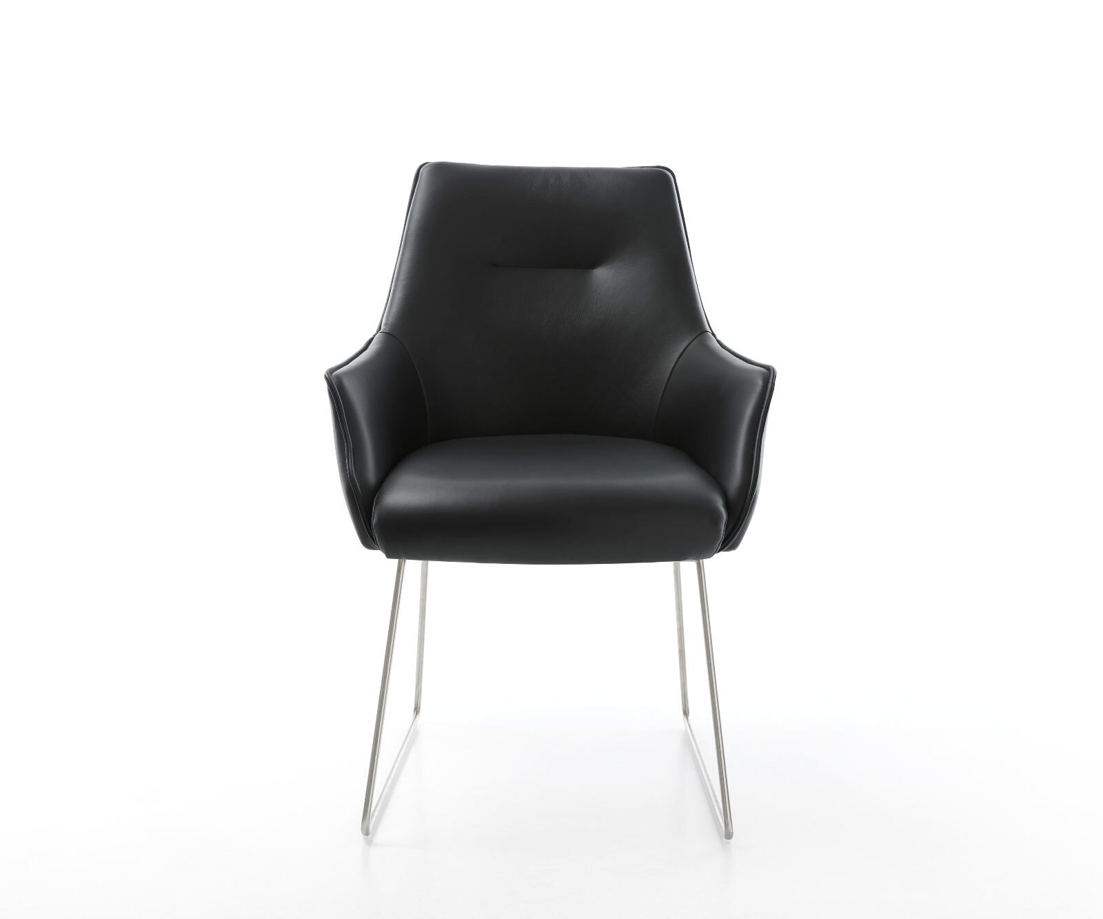 Chaise-de-salle-à-manger Alja-Flex avec accoudoirs cuir de vache noir pied trapèze acier inoxydable brossé ressorts ensachés 2