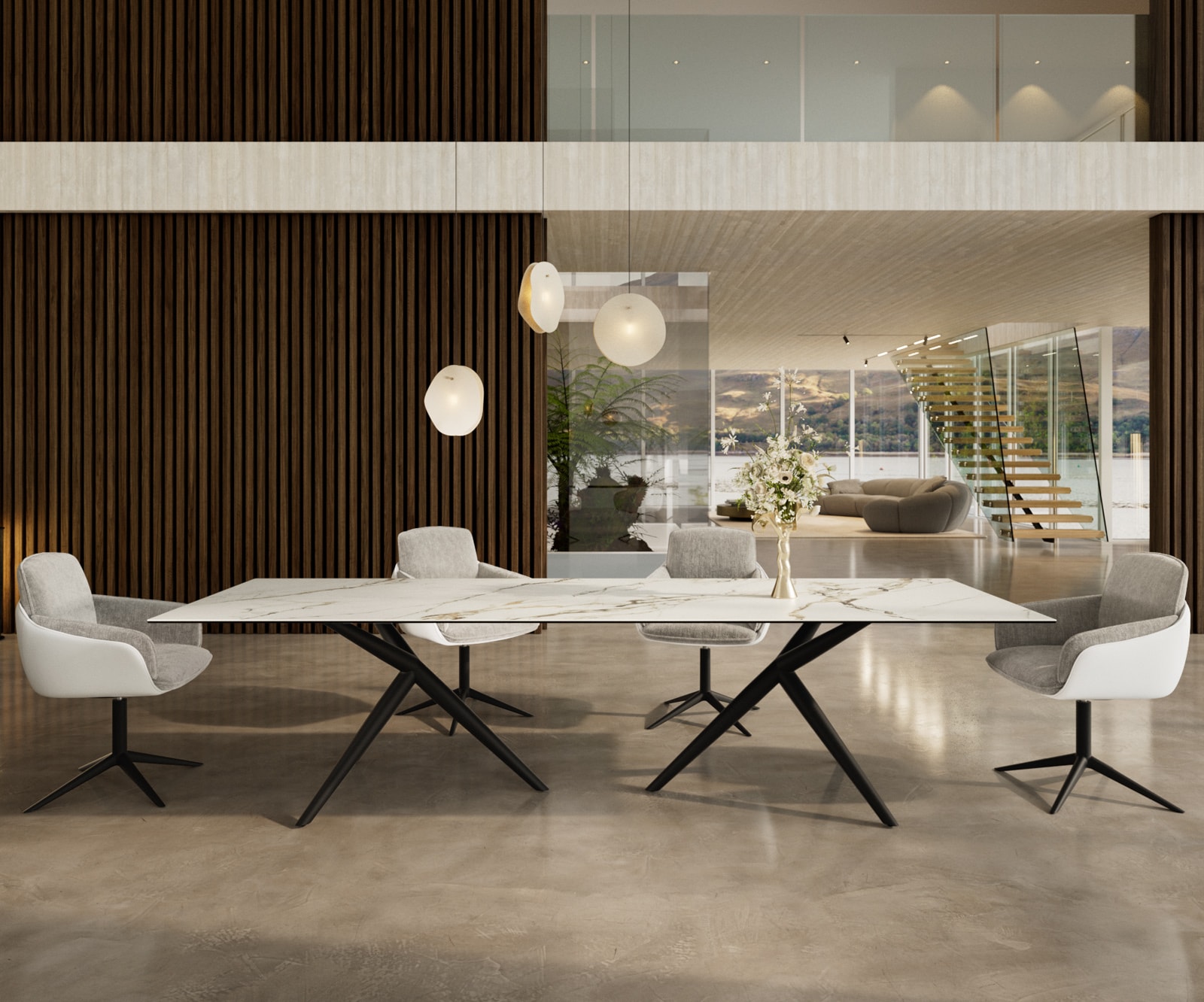 Table à manger Edge 300x100 Céramique Calacatta Luxe Blanc-Doré-Gris Estelar rond Métal Noir Table à manger Edge 300x100 Céramique Calacatta Luxe Blanc-Doré-Gris Estelar rond Métal Noir