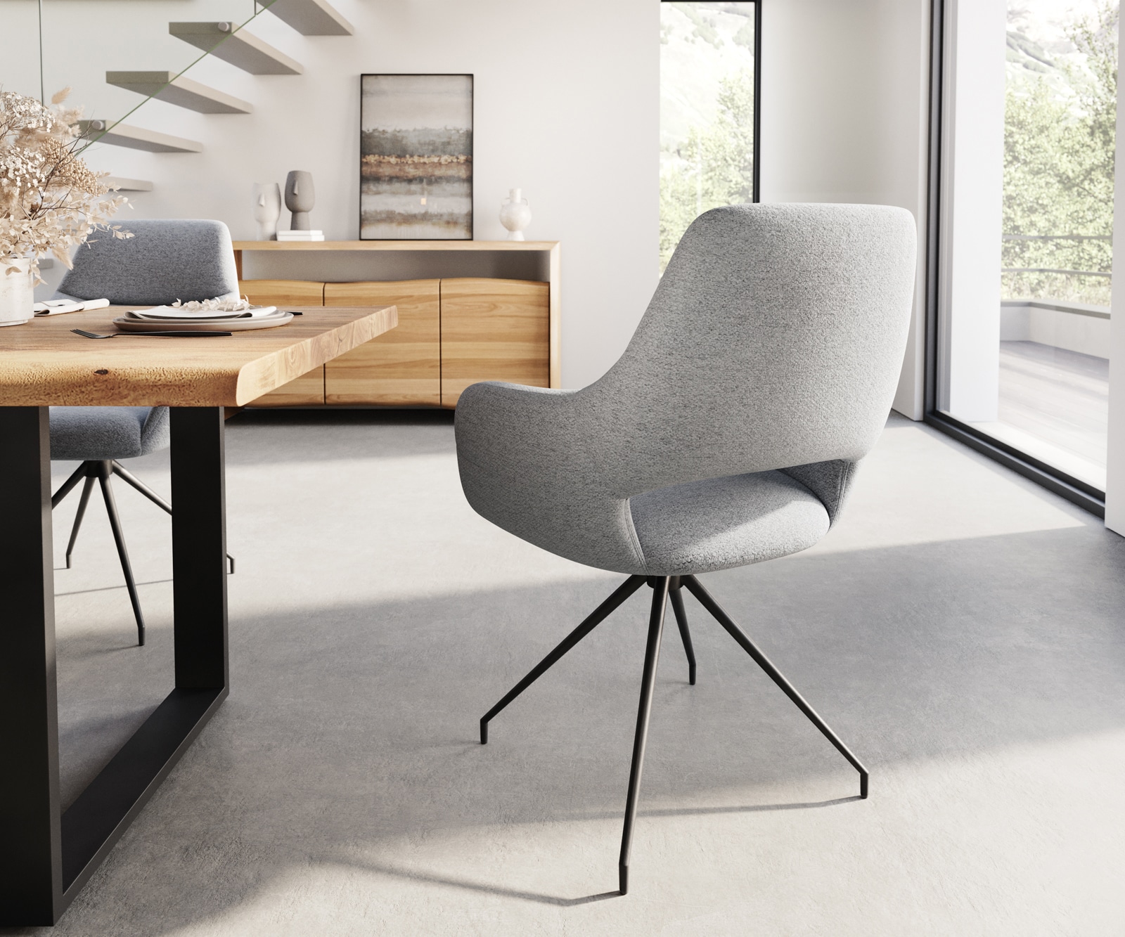 Chaise-de-salle-à-manger Yago-Flex avec accoudoirs tissu texturé gris clair pied croisé conique noir ressorts ensachés 4 Chaise-de-salle-à-manger Yago-Flex avec accoudoirs tissu texturé gris clair pied croisé conique noir ressorts ensachés 4