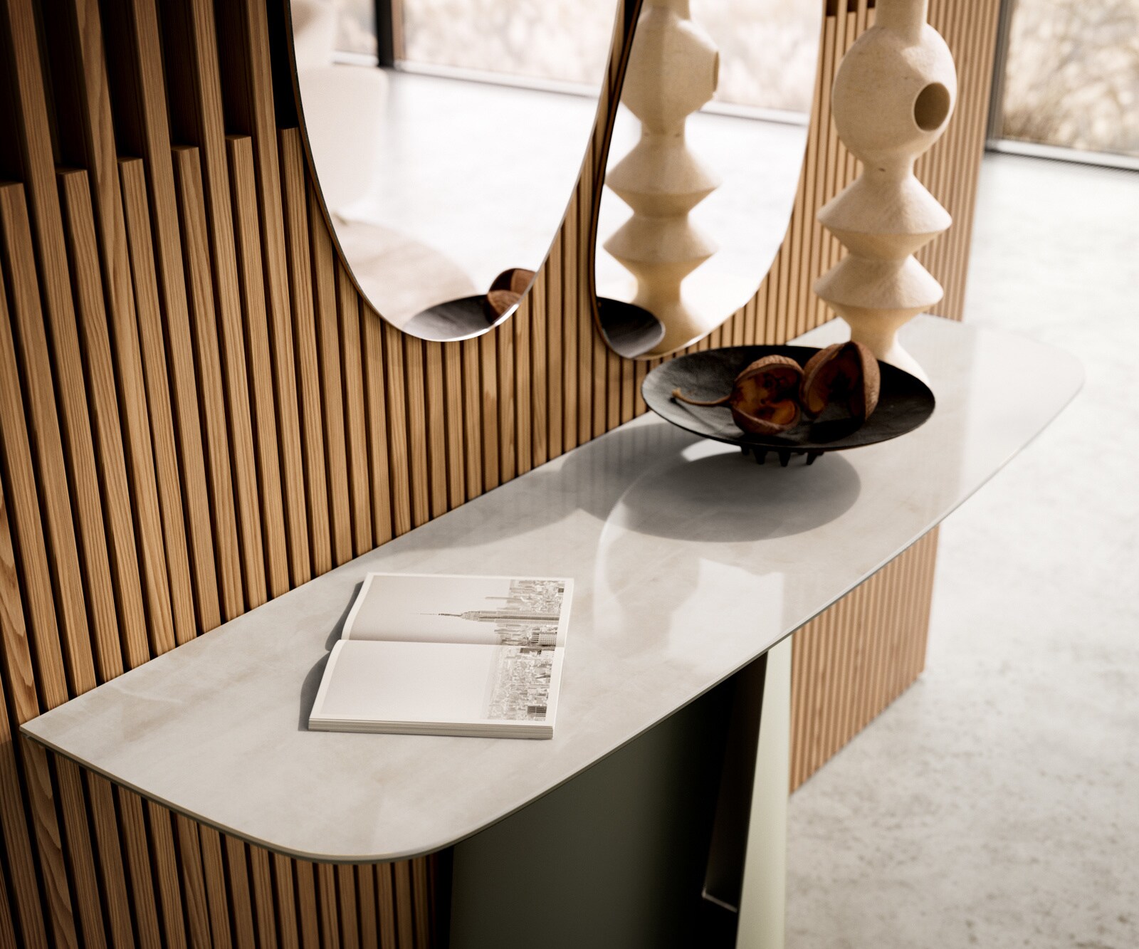 Console Edge forme bateau 140x40 cm Céramique Onyx Champagne Livos Métal Effektfinish Titan 6