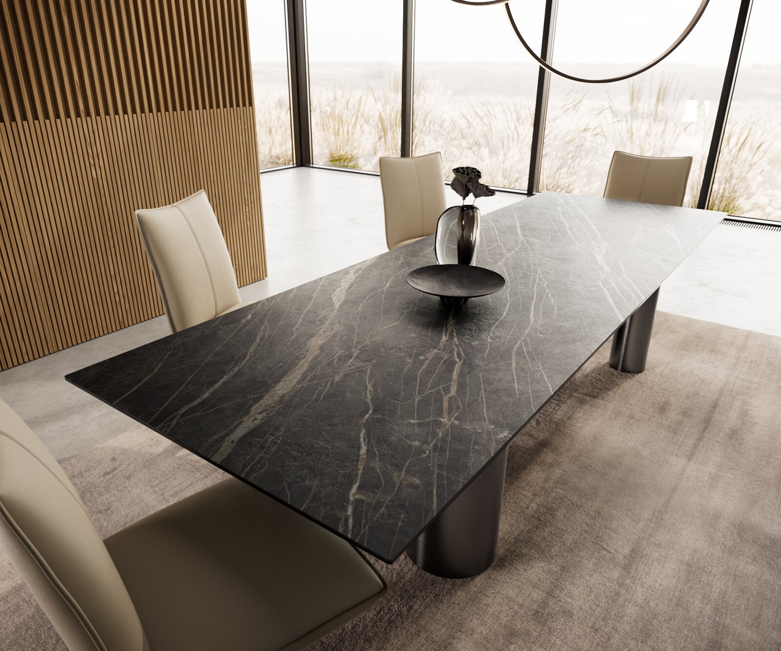 Table à manger Edge 300x100 Céramique Laminam®Noir Desir Marron Pilier Acier inoxydable Graphite 3