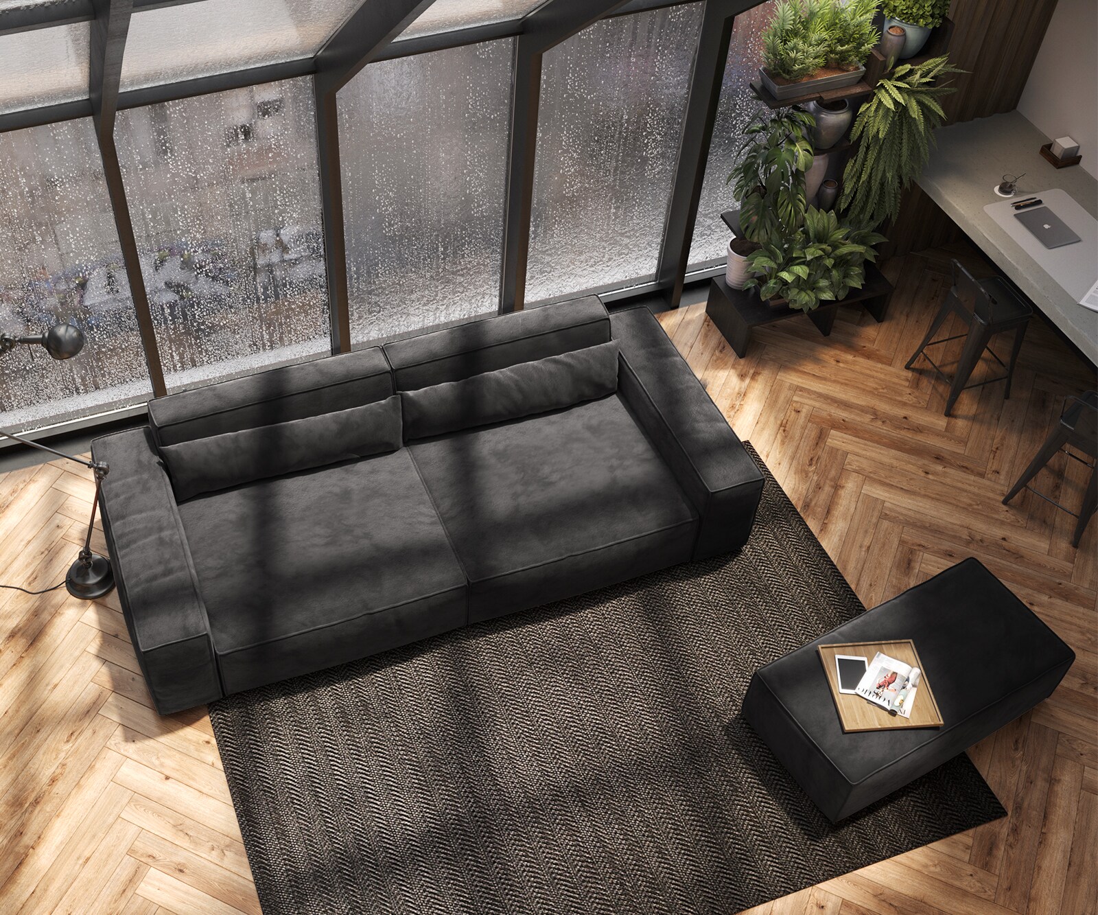 Grand Canapé Sirpio XL 270x130 cm Microfibre Noir avec Tabouret 3