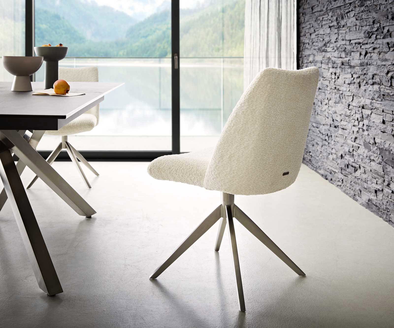 Chaise-pivotante Elso-Flex bouclé blanc pied croisé large acier inoxydable brossé pivotement sur 360° ressorts ensachés 4 Chaise-pivotante Elso-Flex bouclé blanc pied croisé large acier inoxydable brossé pivotement sur 360° ressorts ensachés 4