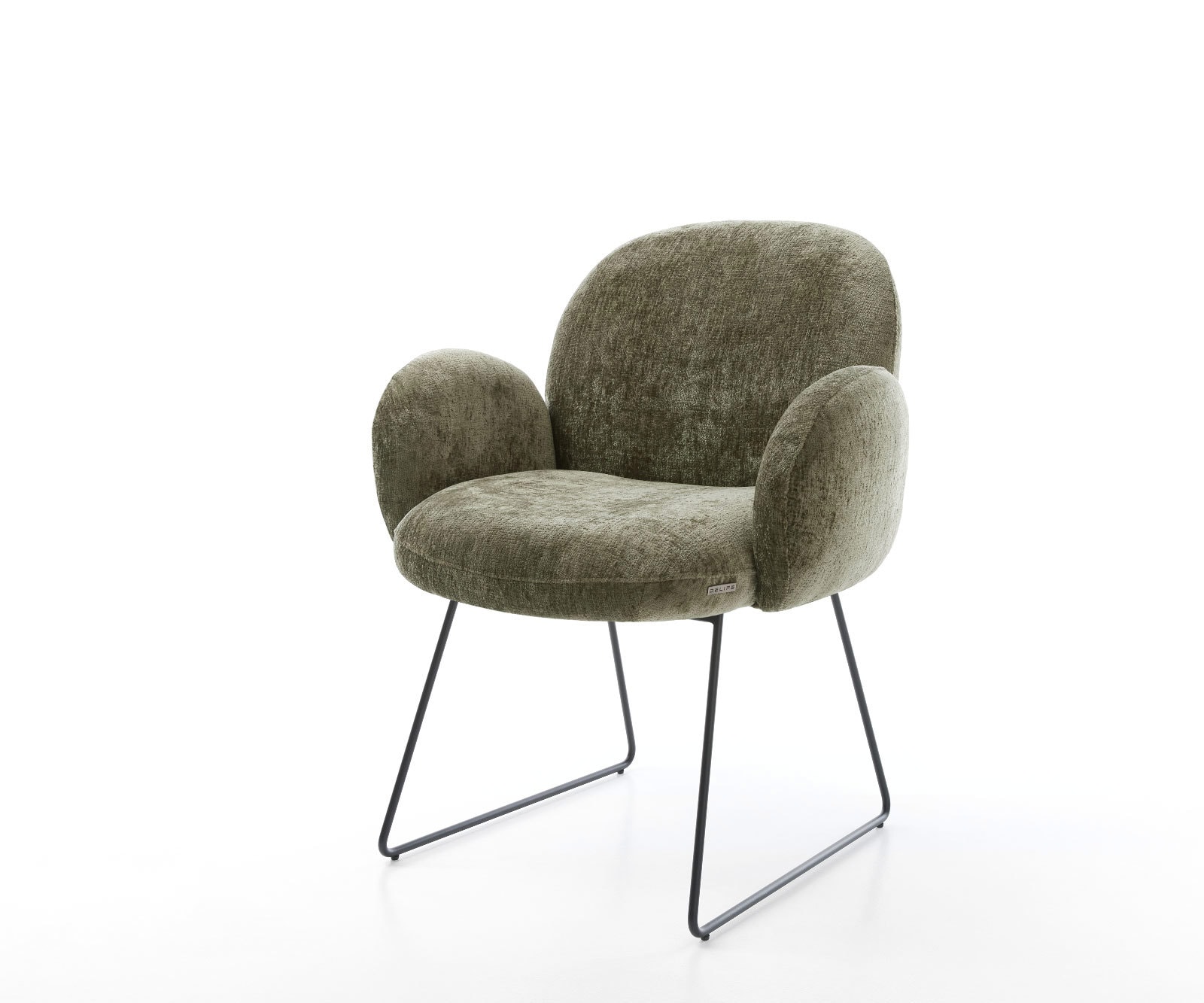 Chaise-de-salle-à-manger Nube-Flex avec accoudoirs chenille olive pied trapèze noir ressorts ensachés Chaise-de-salle-à-manger Nube-Flex avec accoudoirs chenille olive pied trapèze noir ressorts ensachés