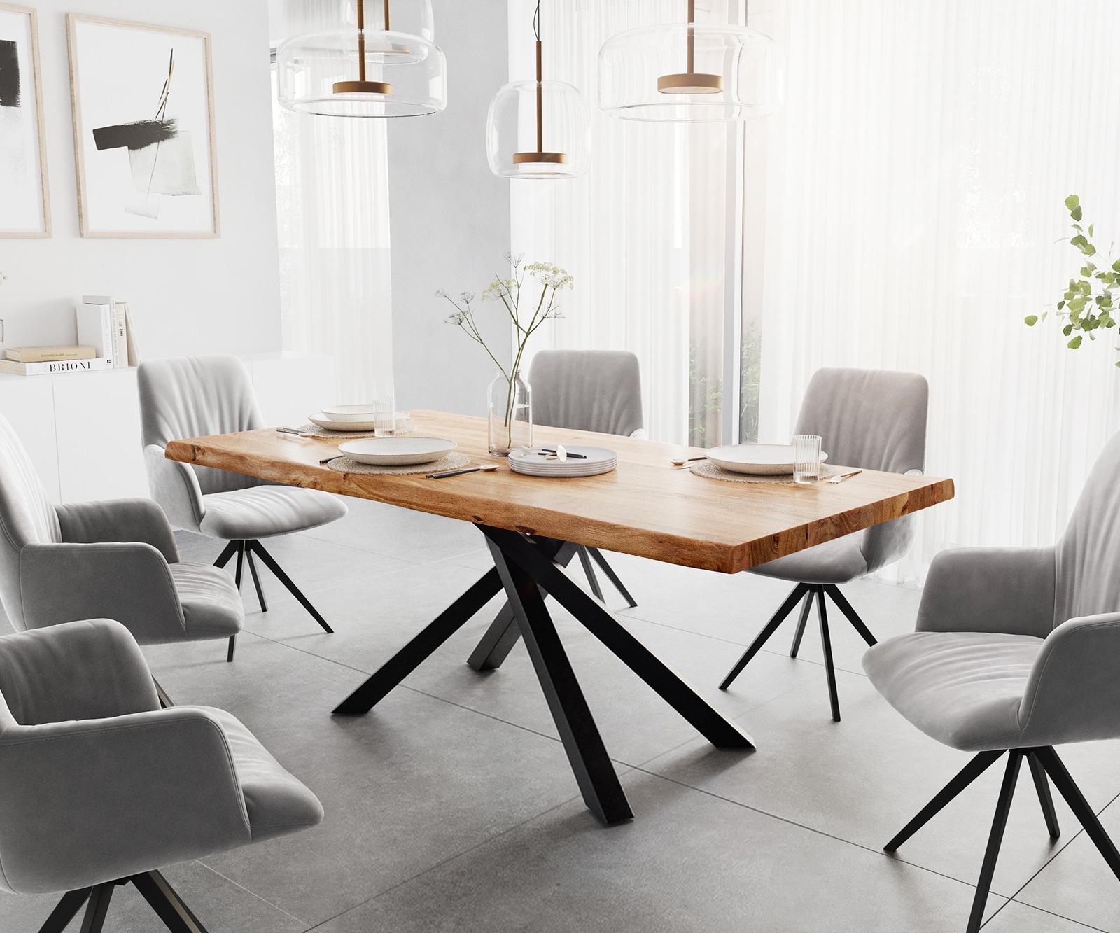Table à manger Edge 200x100 XL Acacia Naturel cadre croisé Rectangle Noir Live-Edge