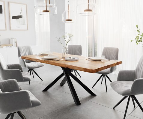 Table à manger Edge 200x100 XL Acacia Naturel cadre croisé Rectangle Noir Live-Edge
