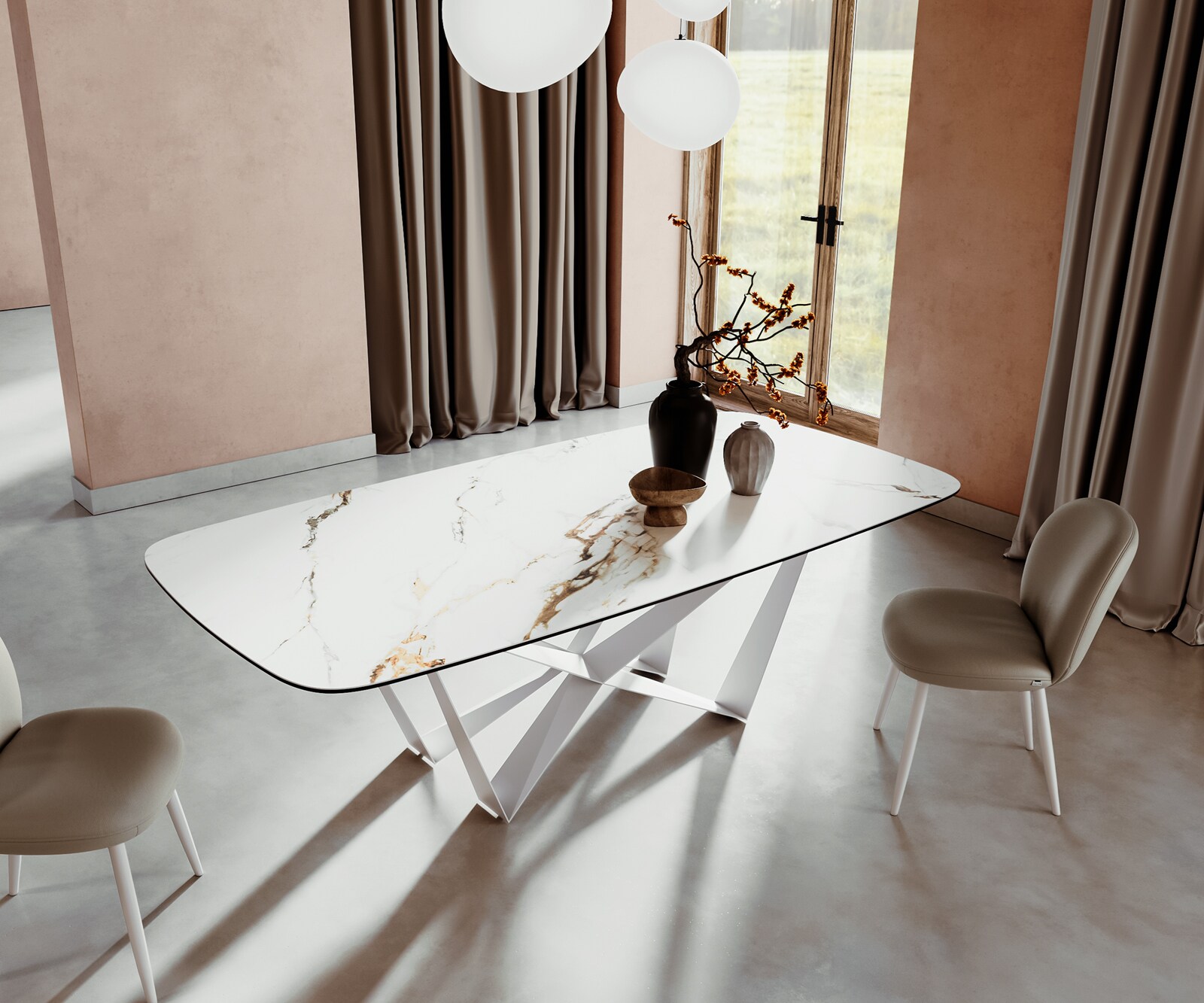 Table à manger Edge Boot 240x120 cm Céramique Calacatta Luxe Blanc-Or-Gris Spider Métal Blanc 2