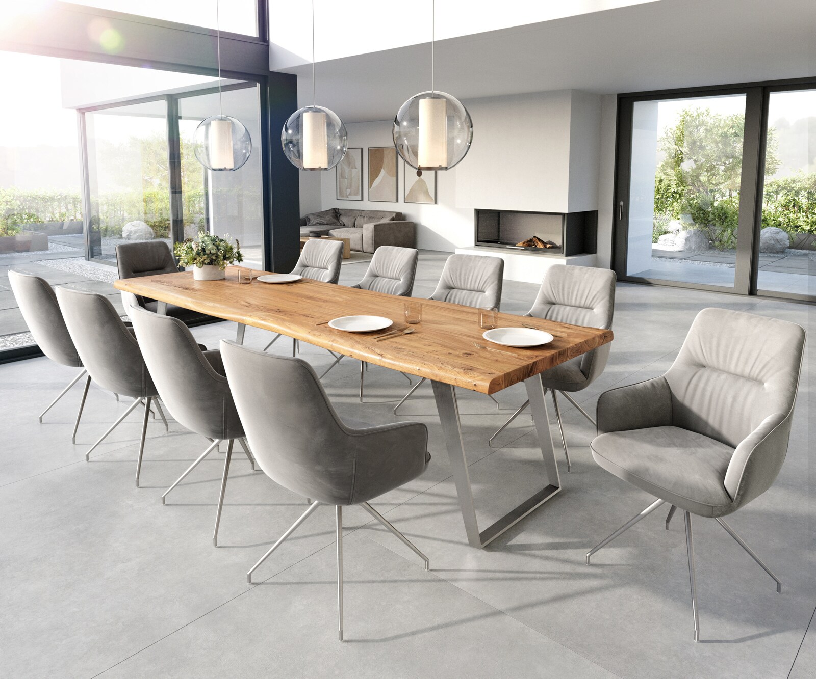 Chaise-de-salle-à-manger Zelia-Flex avec accoudoirs velours gris pied croisé conique acier inoxydable brossé ressorts ensachés 3 Chaise-de-salle-à-manger Zelia-Flex avec accoudoirs velours gris pied croisé conique acier inoxydable brossé ressorts ensachés 3