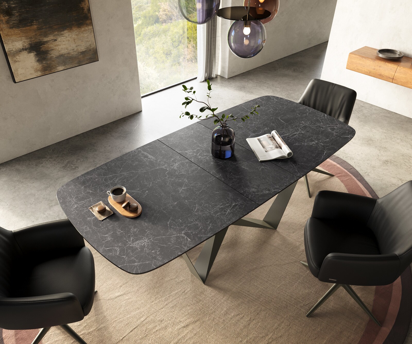 Table à manger Edge Boot 180-220x100 cm Céramique Laminam® Nero Greco Anthracite Spider Métal Finition effet Titan extensible 4