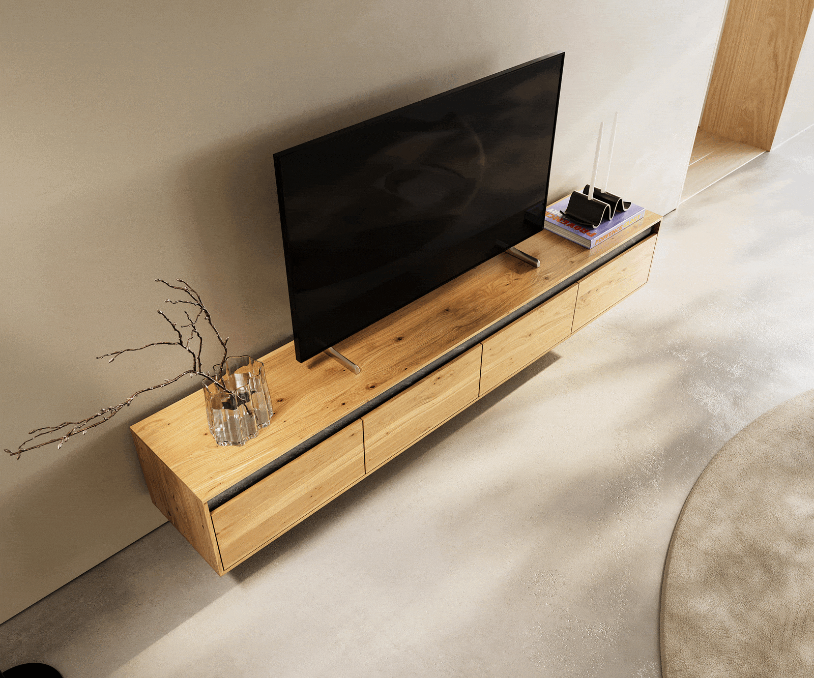 Designer-meuble-TV Stonegrace 200 cm Chêne Naturel Ardoise 4 tiroirs Suspendu 3