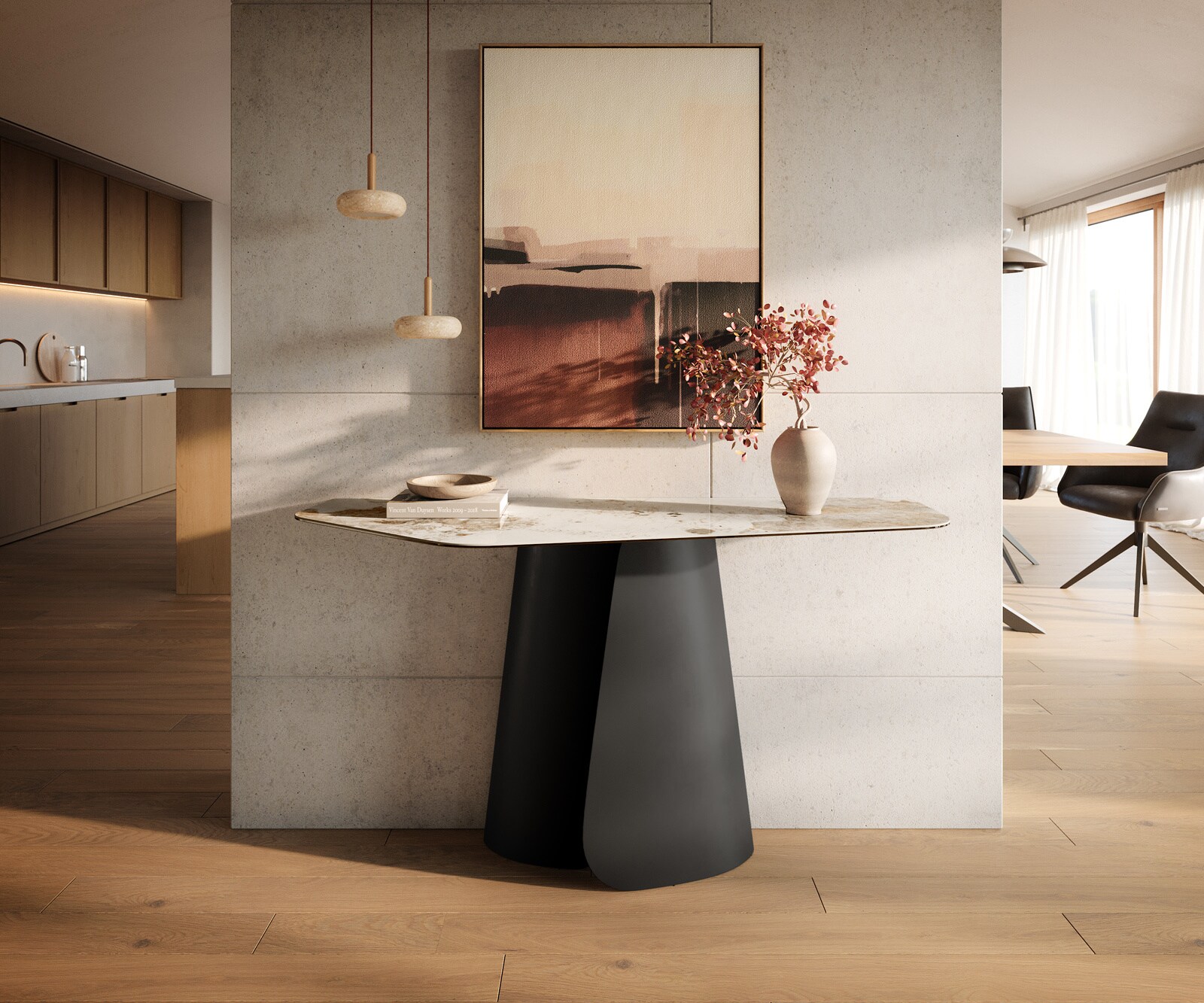 Console Edge Polygonal 140x50 cm Céramique Minas Melange Weiß-Beige Livos Métal Noir 3