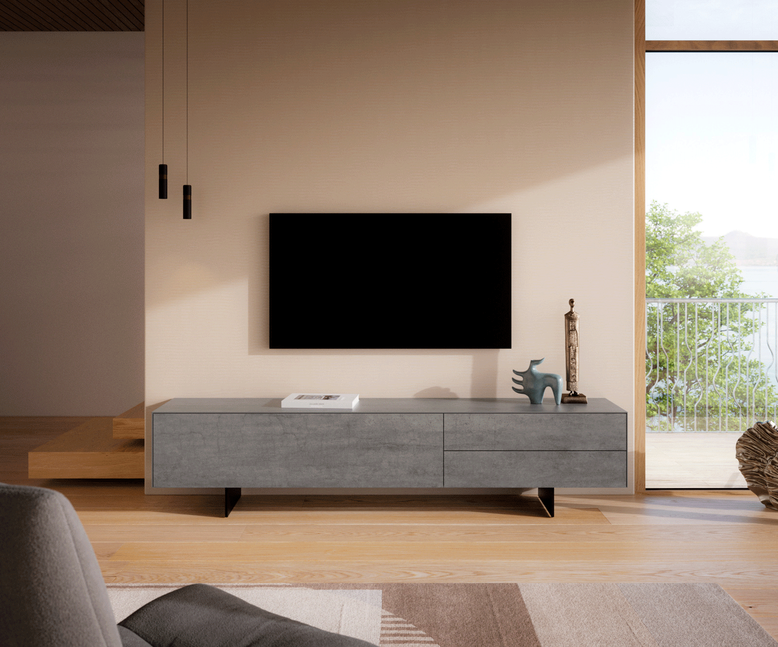 Meuble-TV Cuor 220 cm Céramique Béton gris 1 Clapet 2 Tiroirs Pied optique flottant Métal Noir 2