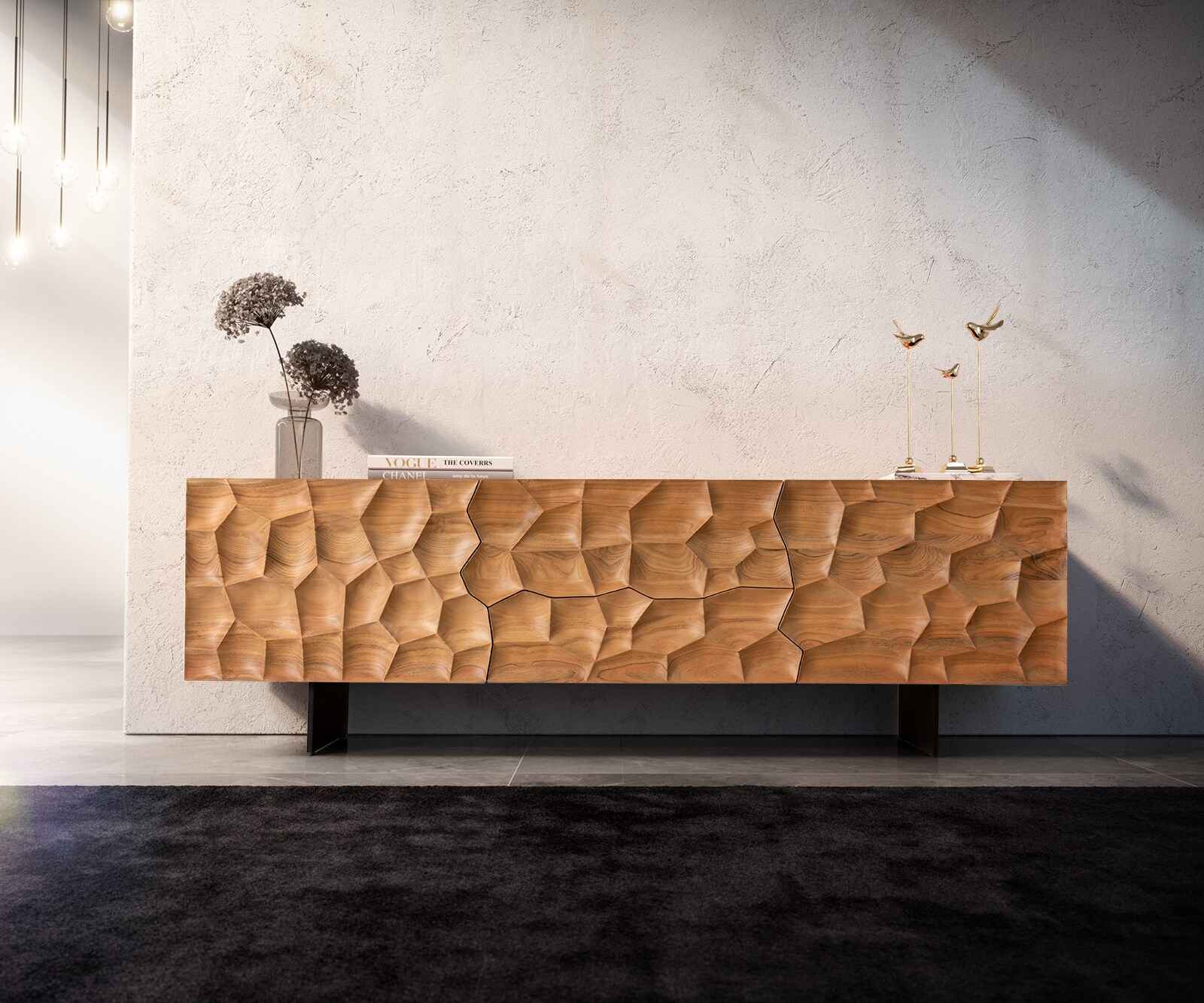 Meuble-TV Solu 175 cm acacia naturel 2 portes 2 tiroirs pied flottant métal noir façade 3D 1