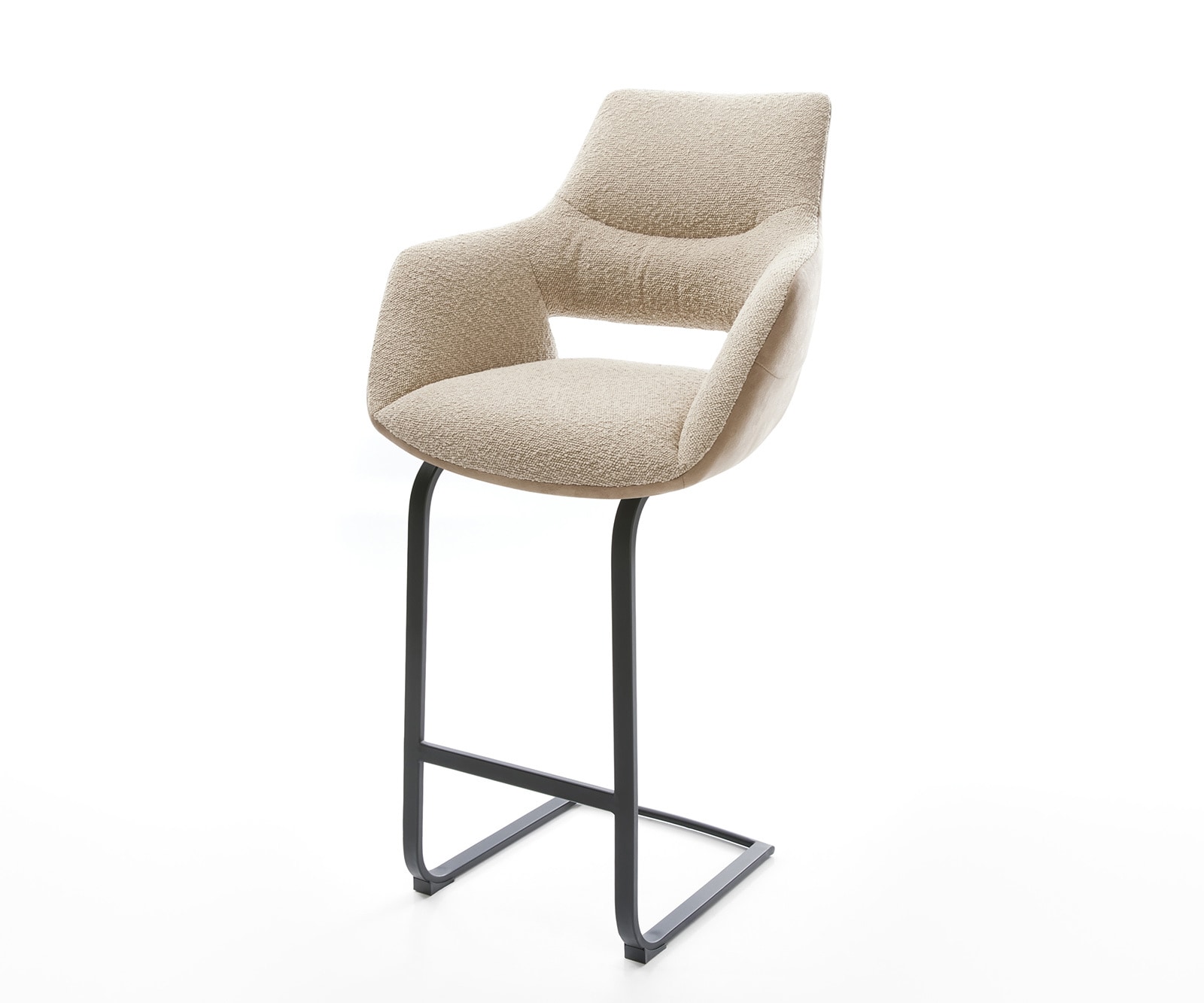 Chaise-de-bar Yago-Flex mélange de matériaux microfibre boue / bouclé boue cadre luge plat métal noir ressorts ensachés Chaise-de-bar Yago-Flex mélange de matériaux microfibre boue / bouclé boue cadre luge plat métal noir ressorts ensachés