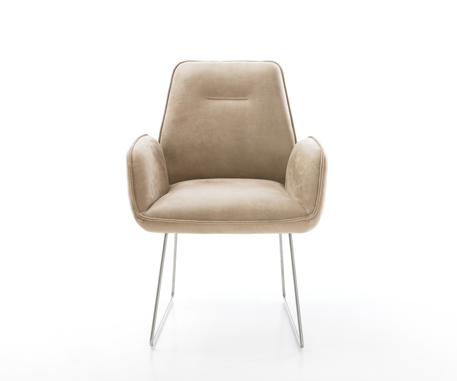 Chaise-de-salle-à-manger Zoa-Flex microvelours beige vintage pied trapèze acier inoxydable brossé ressorts ensachés 1