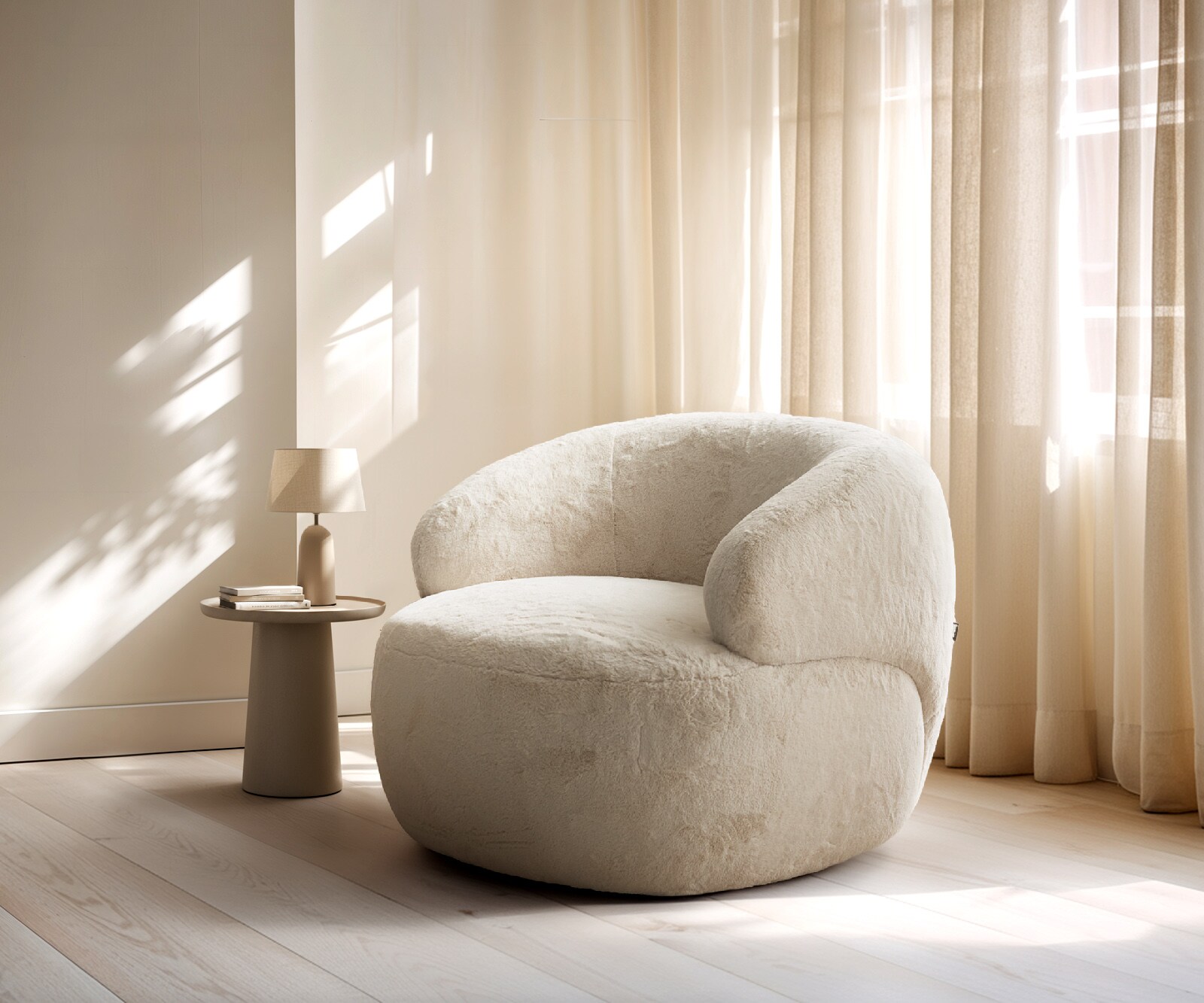 Fauteuil-Lounge  Nova 88 x 88 cm, peluche blanc crème
